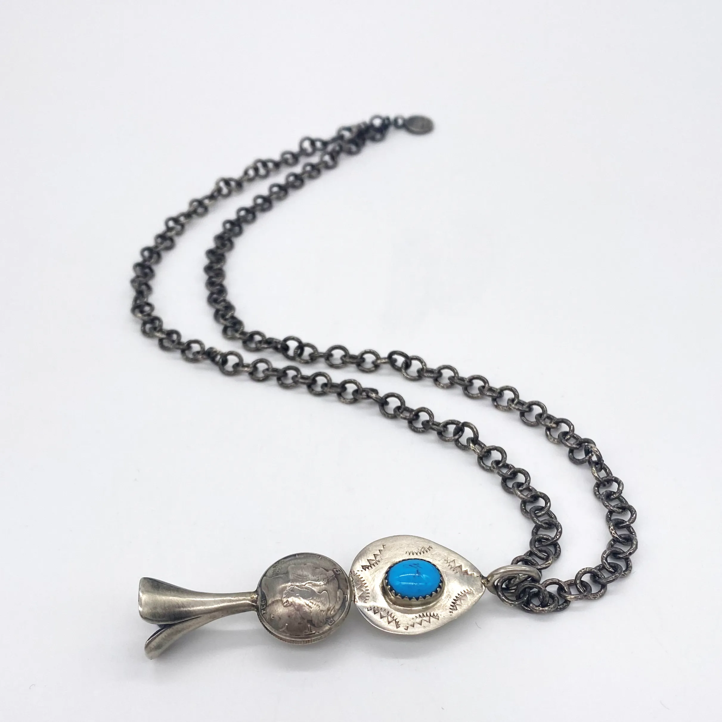Kingman Turquoise Squash Blossom Pendant Necklace