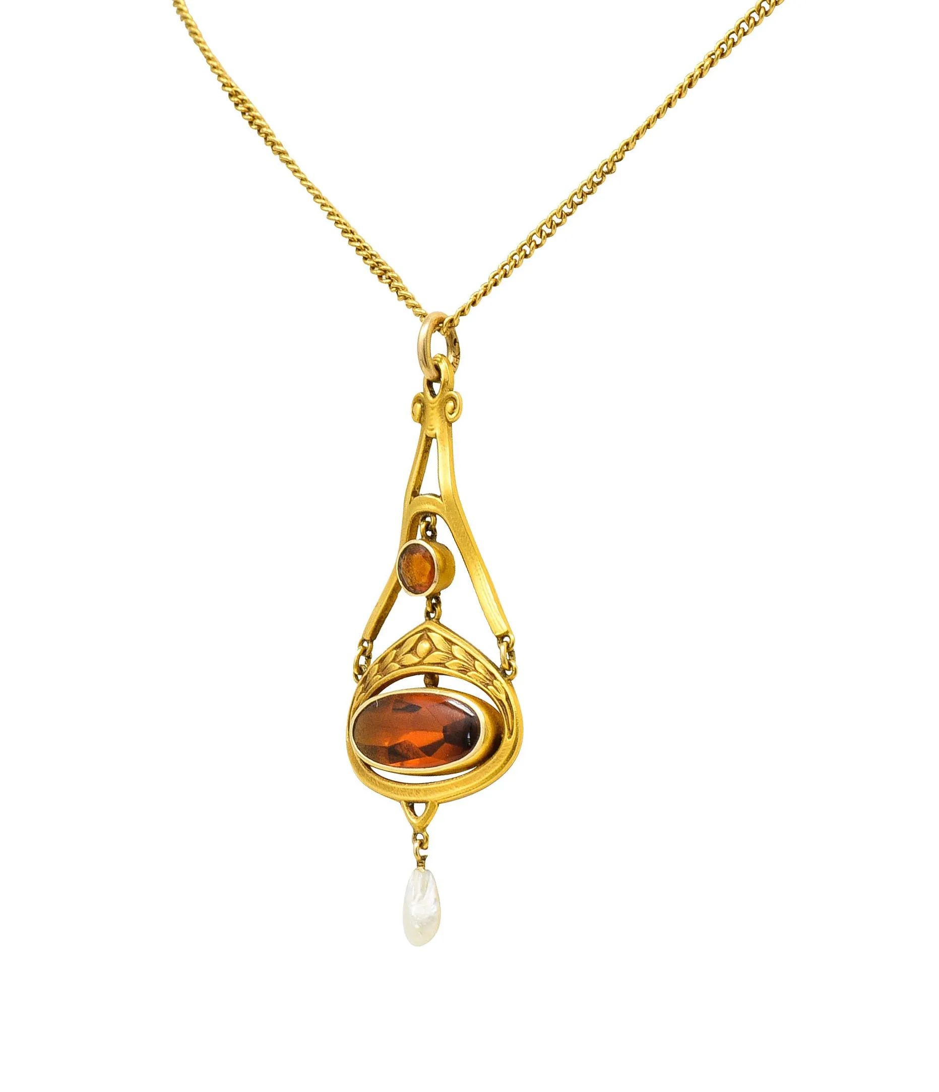 Krementz Art Nouveau Citrine Pearl 14 Karat Gold Pendant Necklace
