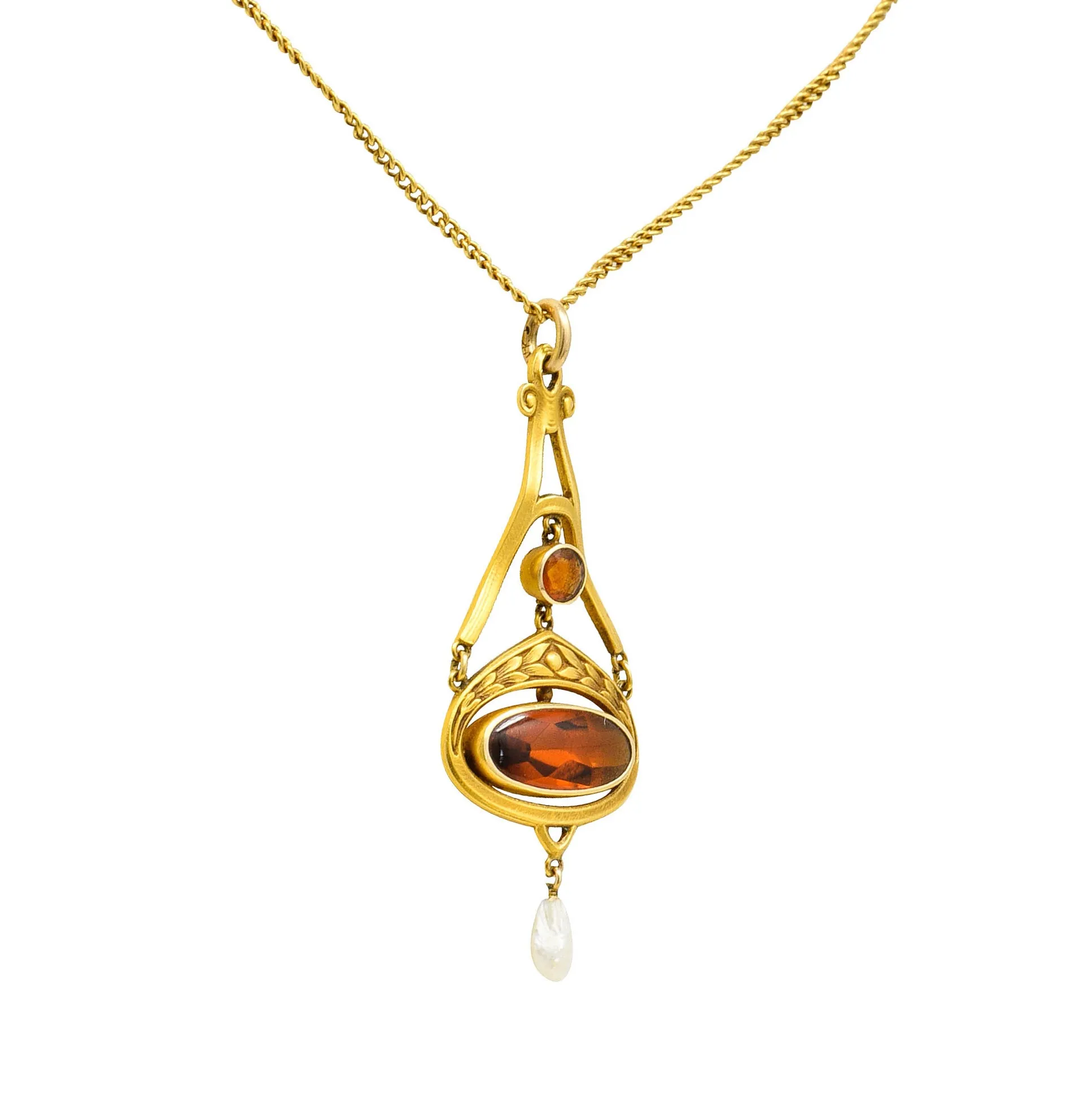 Krementz Art Nouveau Citrine Pearl 14 Karat Gold Pendant Necklace