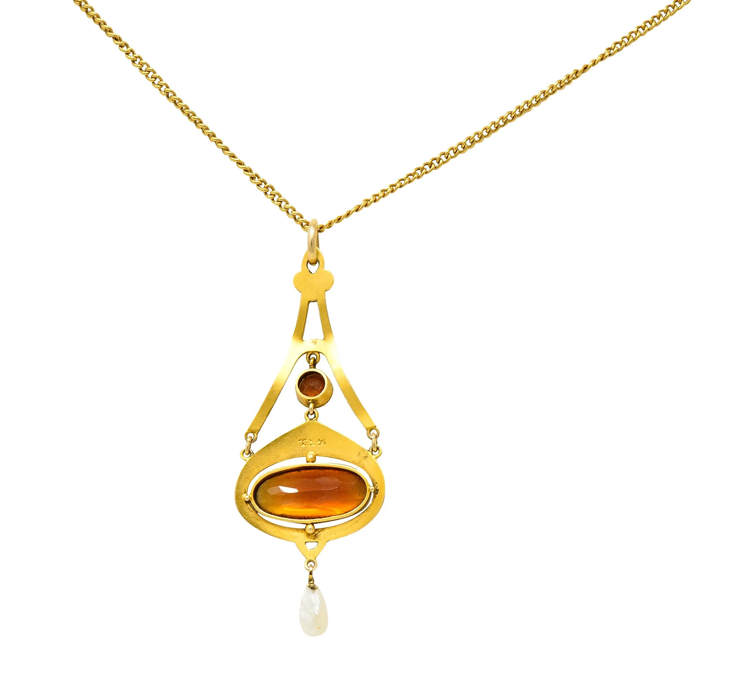 Krementz Art Nouveau Citrine Pearl 14 Karat Gold Pendant Necklace