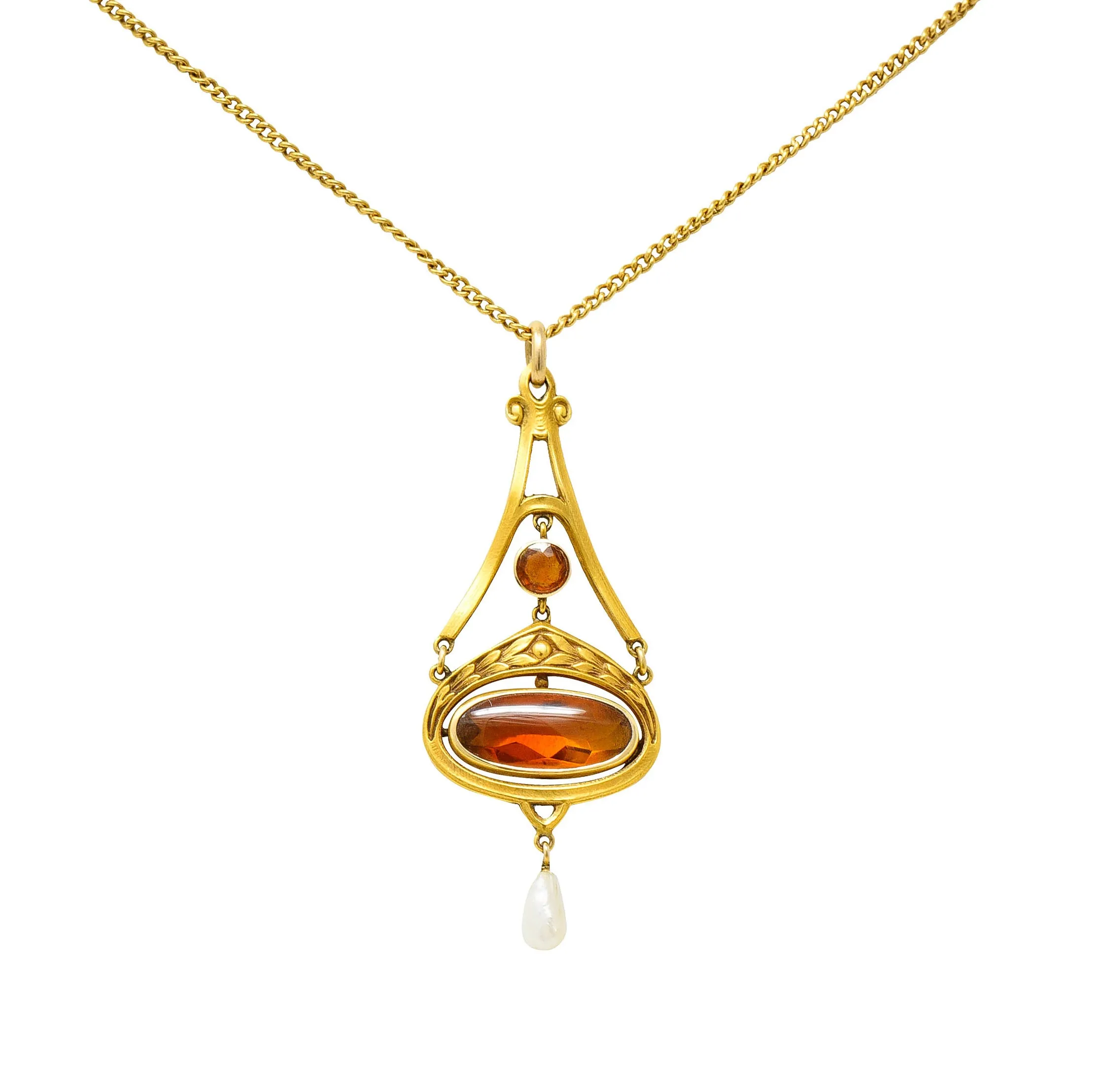 Krementz Art Nouveau Citrine Pearl 14 Karat Gold Pendant Necklace