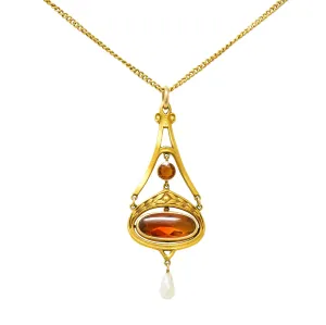 Krementz Art Nouveau Citrine Pearl 14 Karat Gold Pendant Necklace