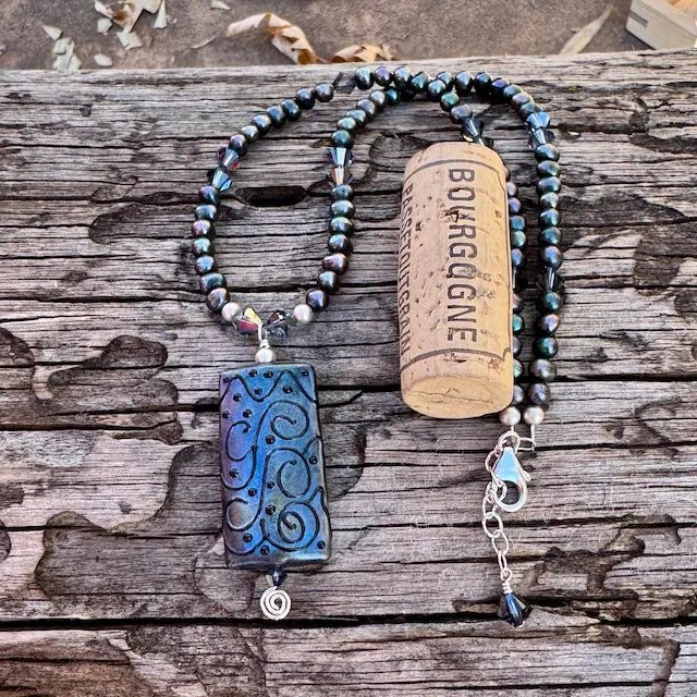 Lampworked glass pendant necklace with freshwater pearls and crystals