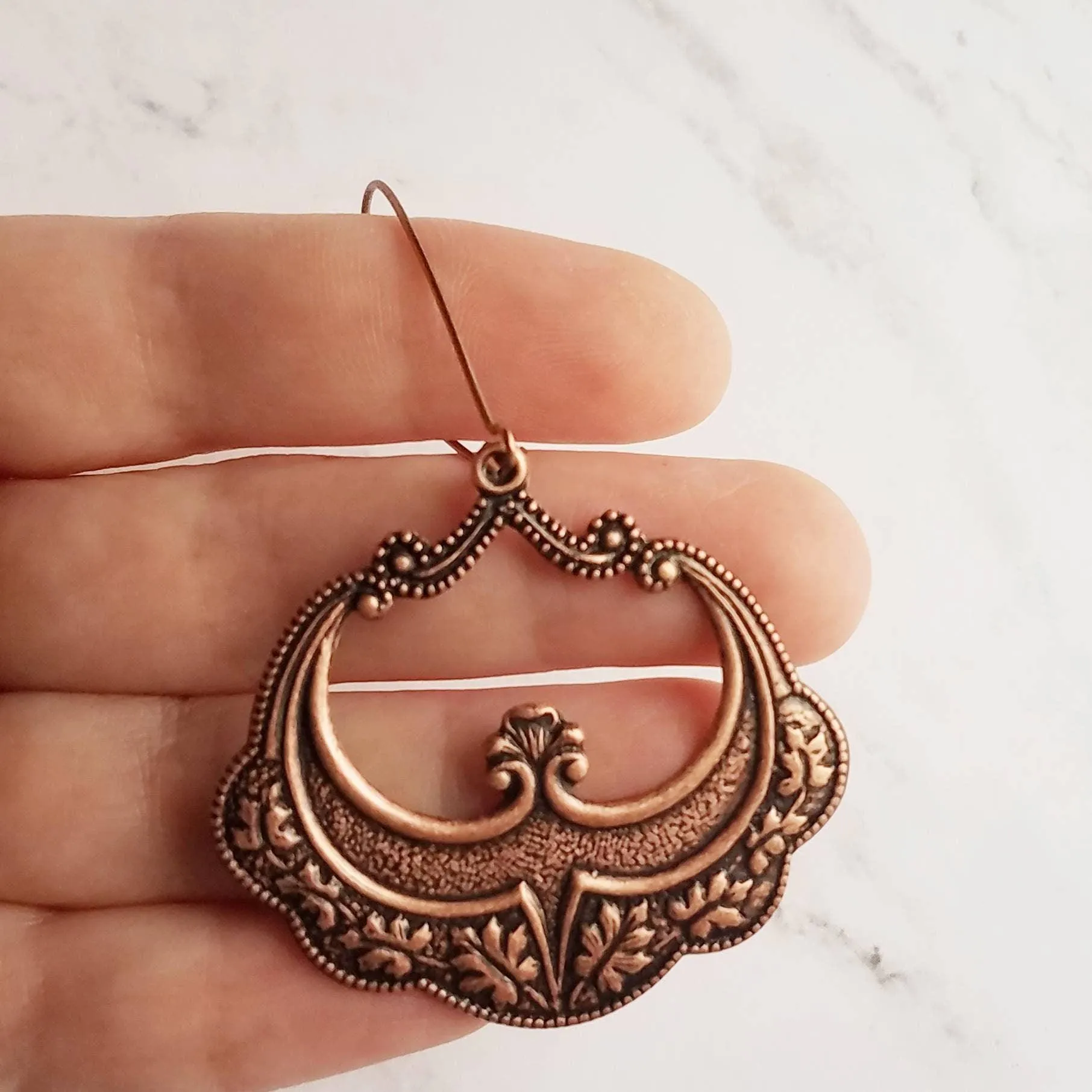 Large Antique Copper Earrings, oval copper earring, copper flourish, embossed copper earring, scalloped edge earring, kidney ear wires, 3 in