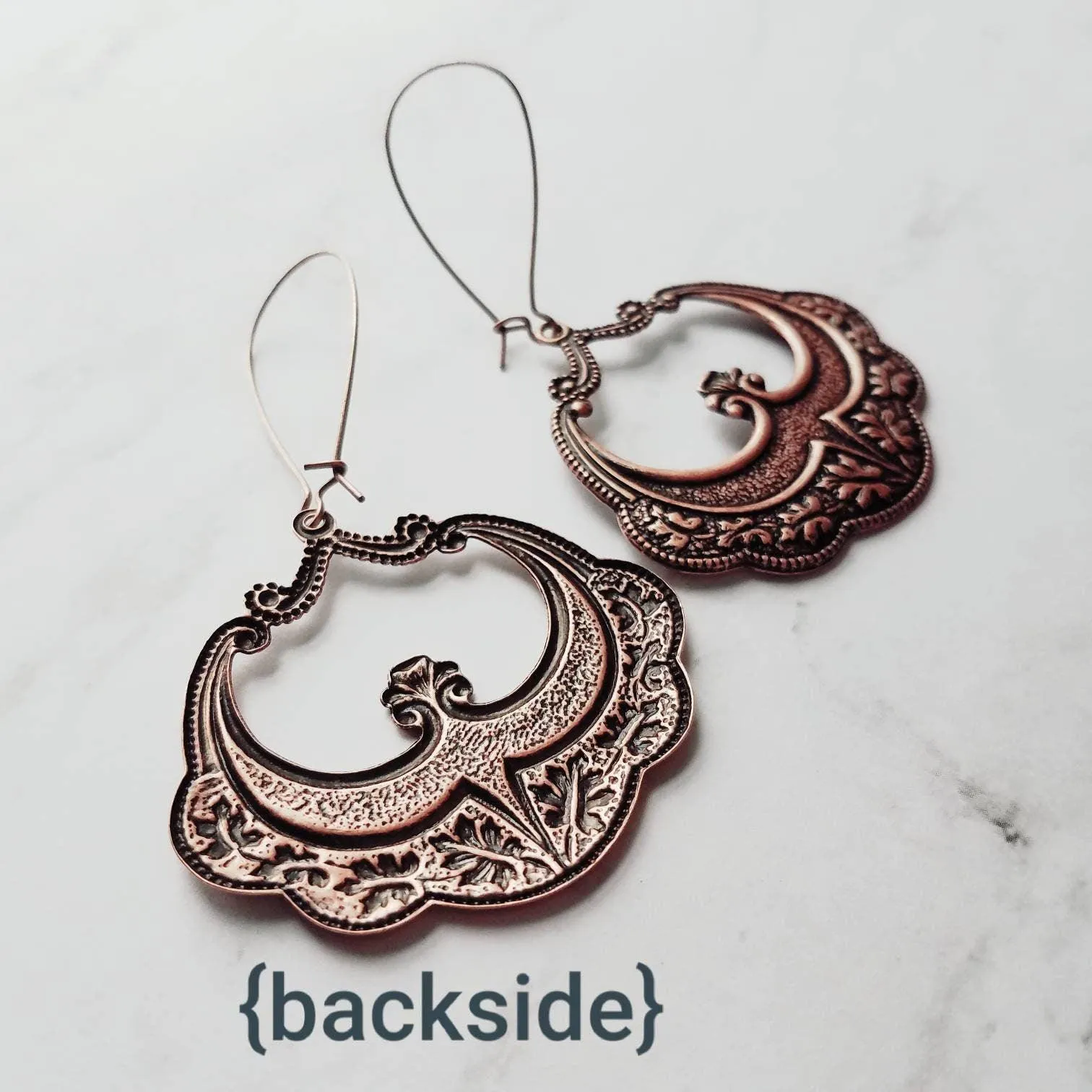Large Antique Copper Earrings, oval copper earring, copper flourish, embossed copper earring, scalloped edge earring, kidney ear wires, 3 in