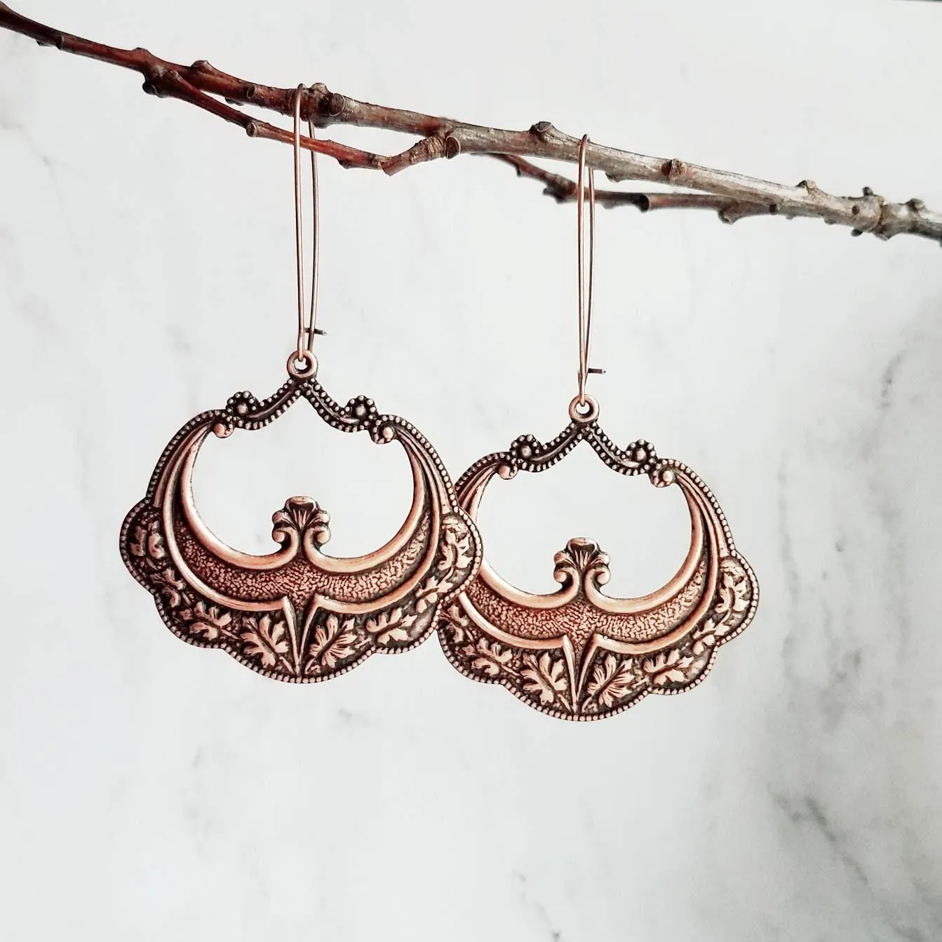 Large Antique Copper Earrings, oval copper earring, copper flourish, embossed copper earring, scalloped edge earring, kidney ear wires, 3 in