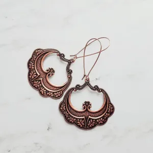 Large Antique Copper Earrings, oval copper earring, copper flourish, embossed copper earring, scalloped edge earring, kidney ear wires, 3 in