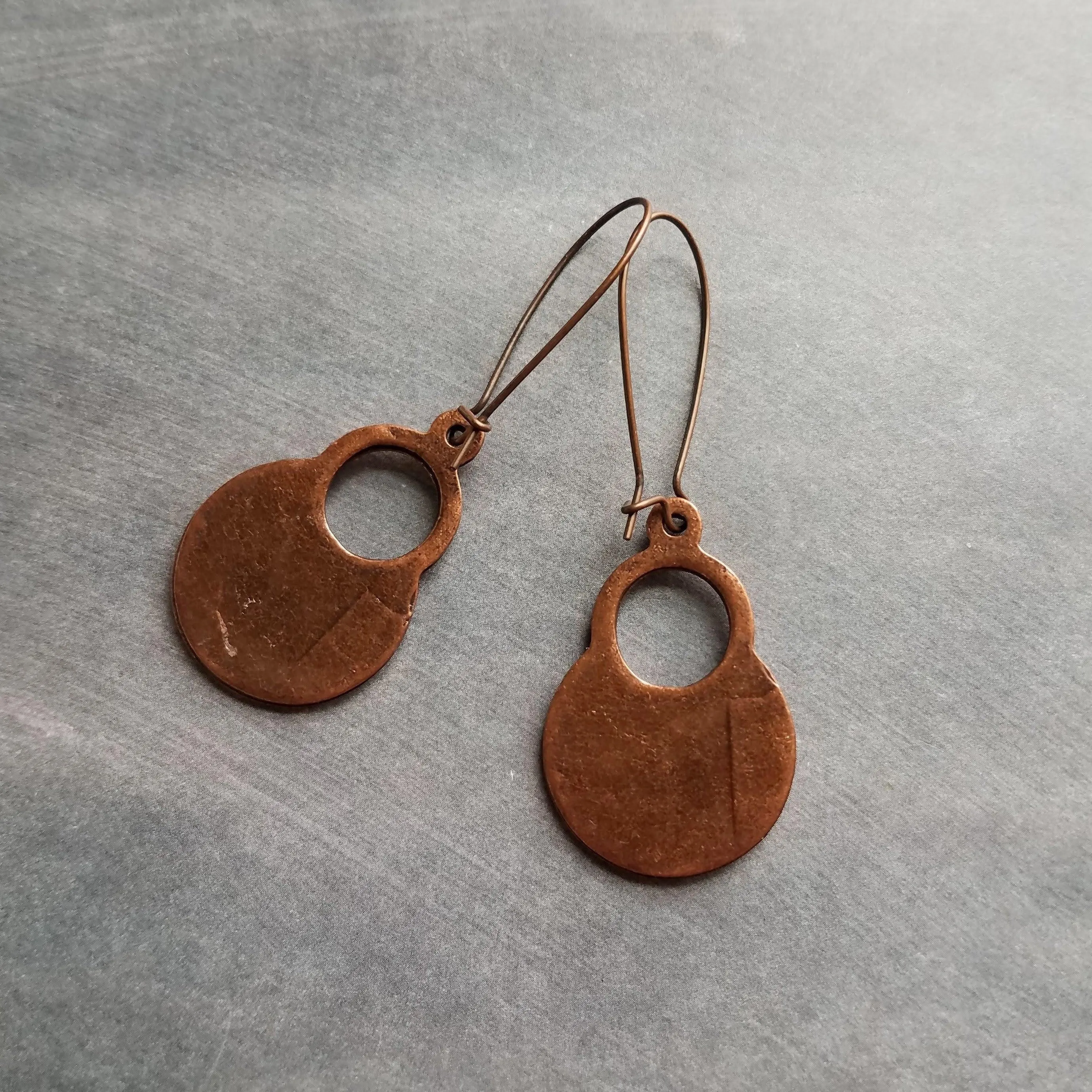 Large Copper Dangle Earrings, oxidized copper earrings, rustic earrings, antique copper earrings, copper boho earring, round, kidney hook