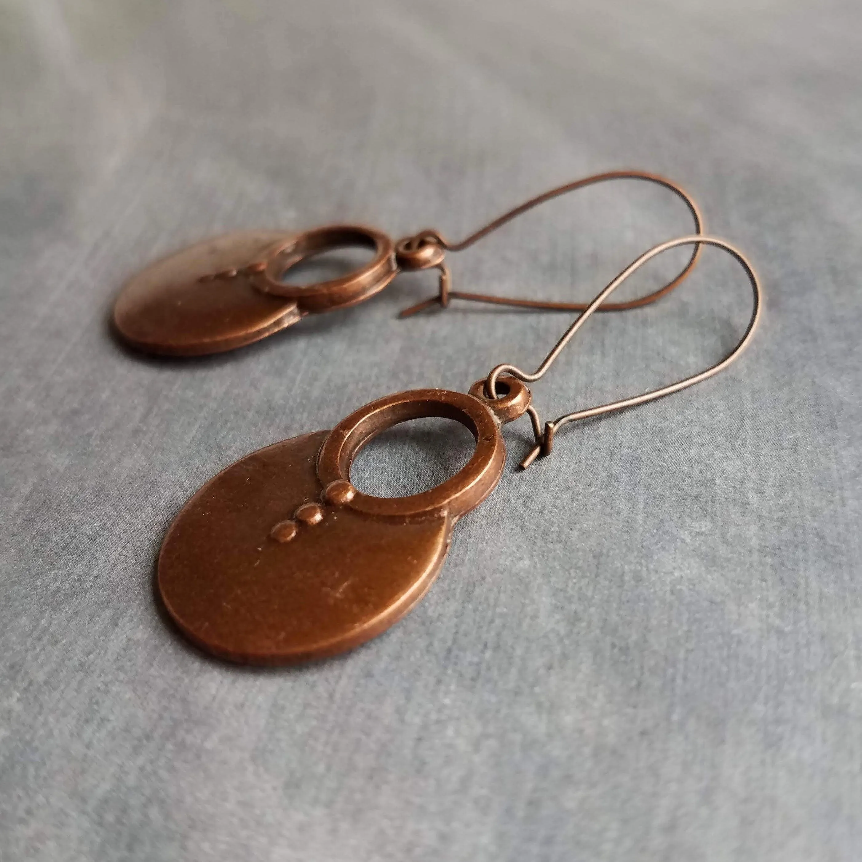 Large Copper Dangle Earrings, oxidized copper earrings, rustic earrings, antique copper earrings, copper boho earring, round, kidney hook