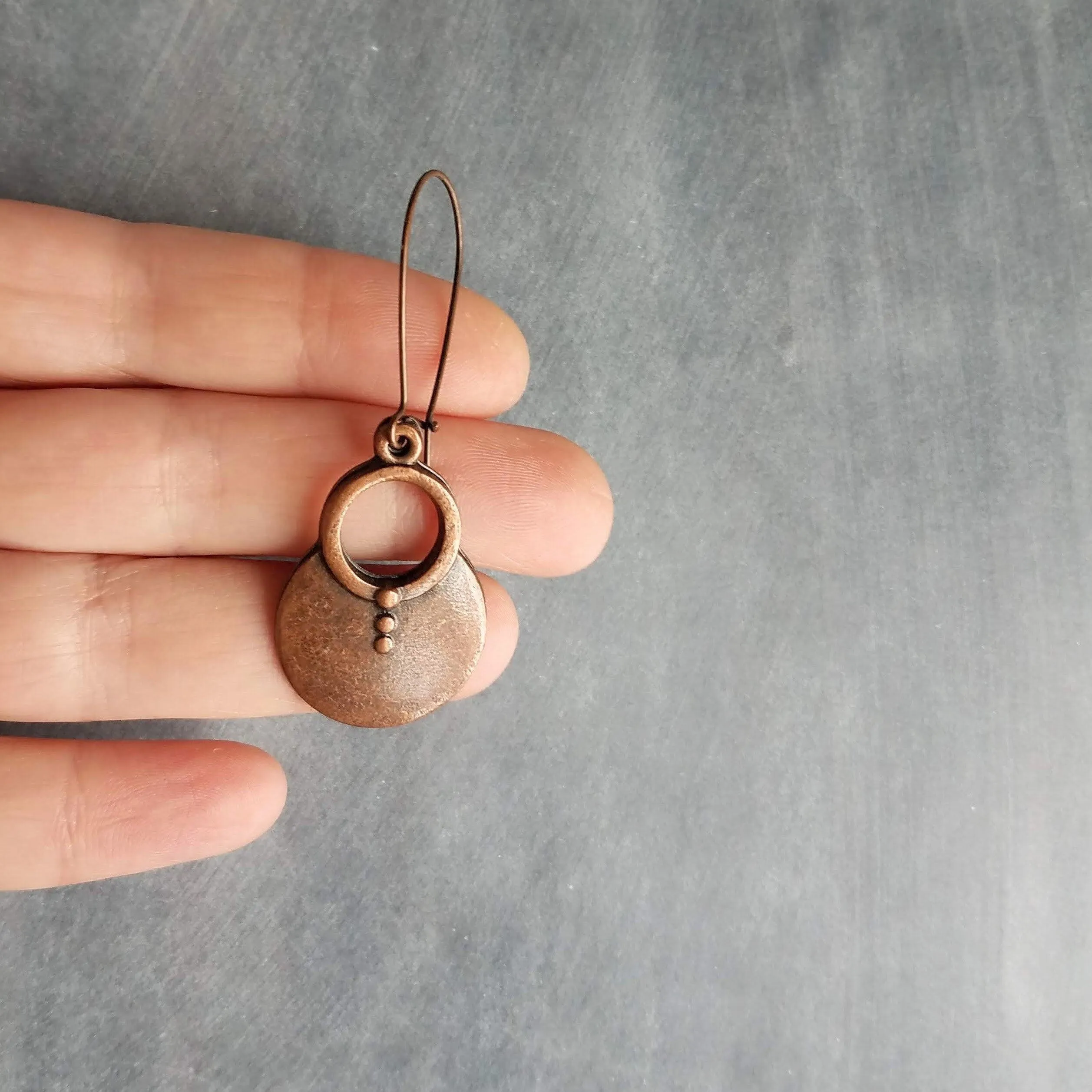 Large Copper Dangle Earrings, oxidized copper earrings, rustic earrings, antique copper earrings, copper boho earring, round, kidney hook