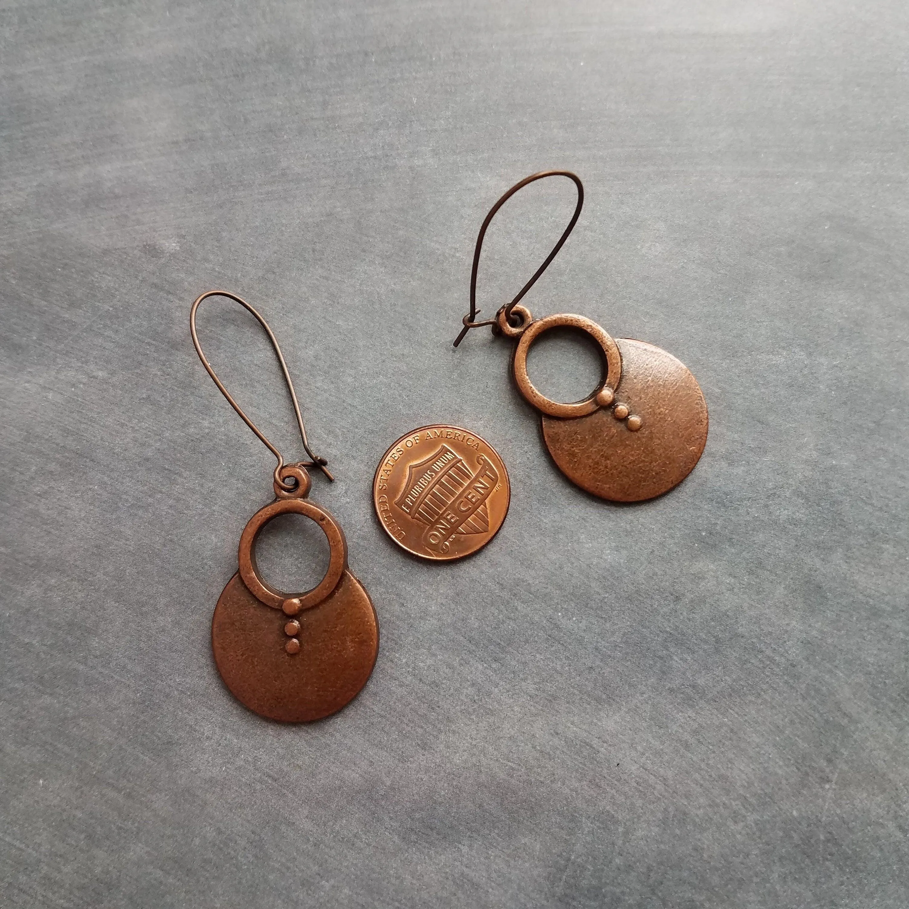 Large Copper Dangle Earrings, oxidized copper earrings, rustic earrings, antique copper earrings, copper boho earring, round, kidney hook