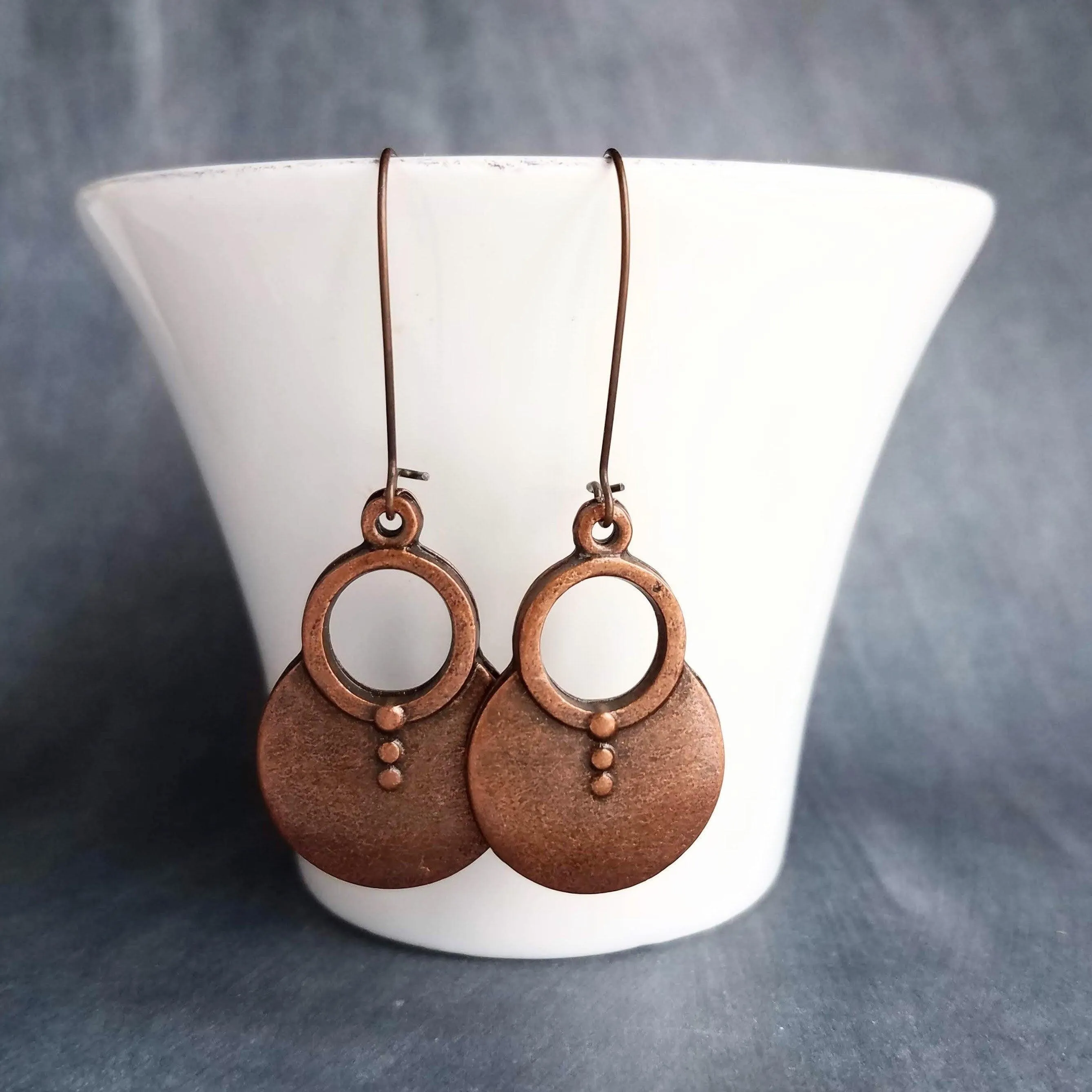 Large Copper Dangle Earrings, oxidized copper earrings, rustic earrings, antique copper earrings, copper boho earring, round, kidney hook