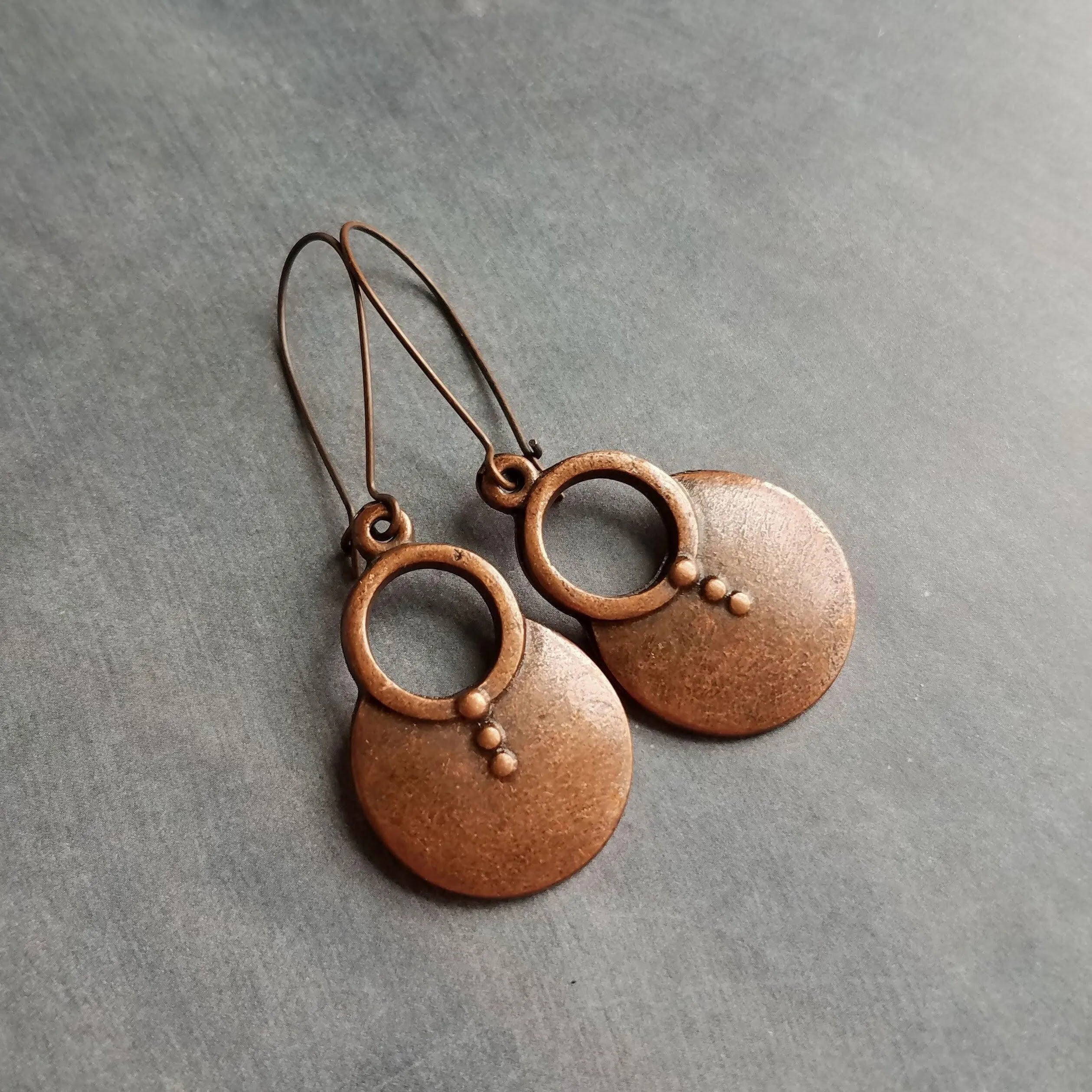 Large Copper Dangle Earrings, oxidized copper earrings, rustic earrings, antique copper earrings, copper boho earring, round, kidney hook