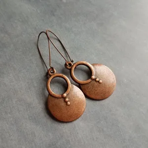 Large Copper Dangle Earrings, oxidized copper earrings, rustic earrings, antique copper earrings, copper boho earring, round, kidney hook