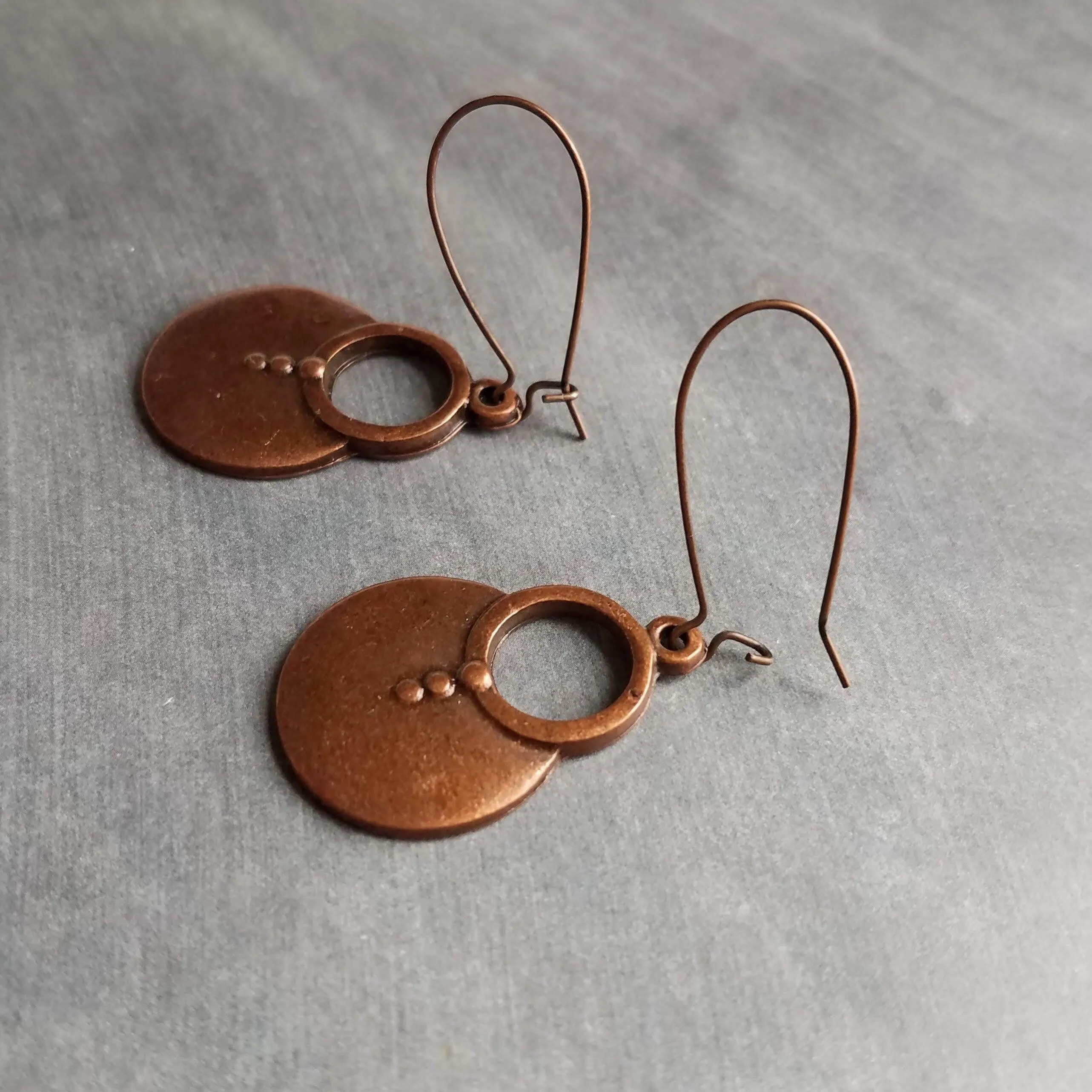 Large Copper Dangle Earrings, oxidized copper earrings, rustic earrings, antique copper earrings, copper boho earring, round, kidney hook