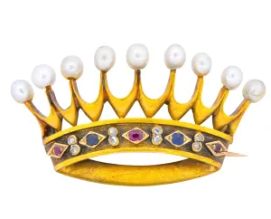 Late Victorian Pearl Sapphire Ruby Diamond 18 Karat Gold Crown Brooch Circa 1890