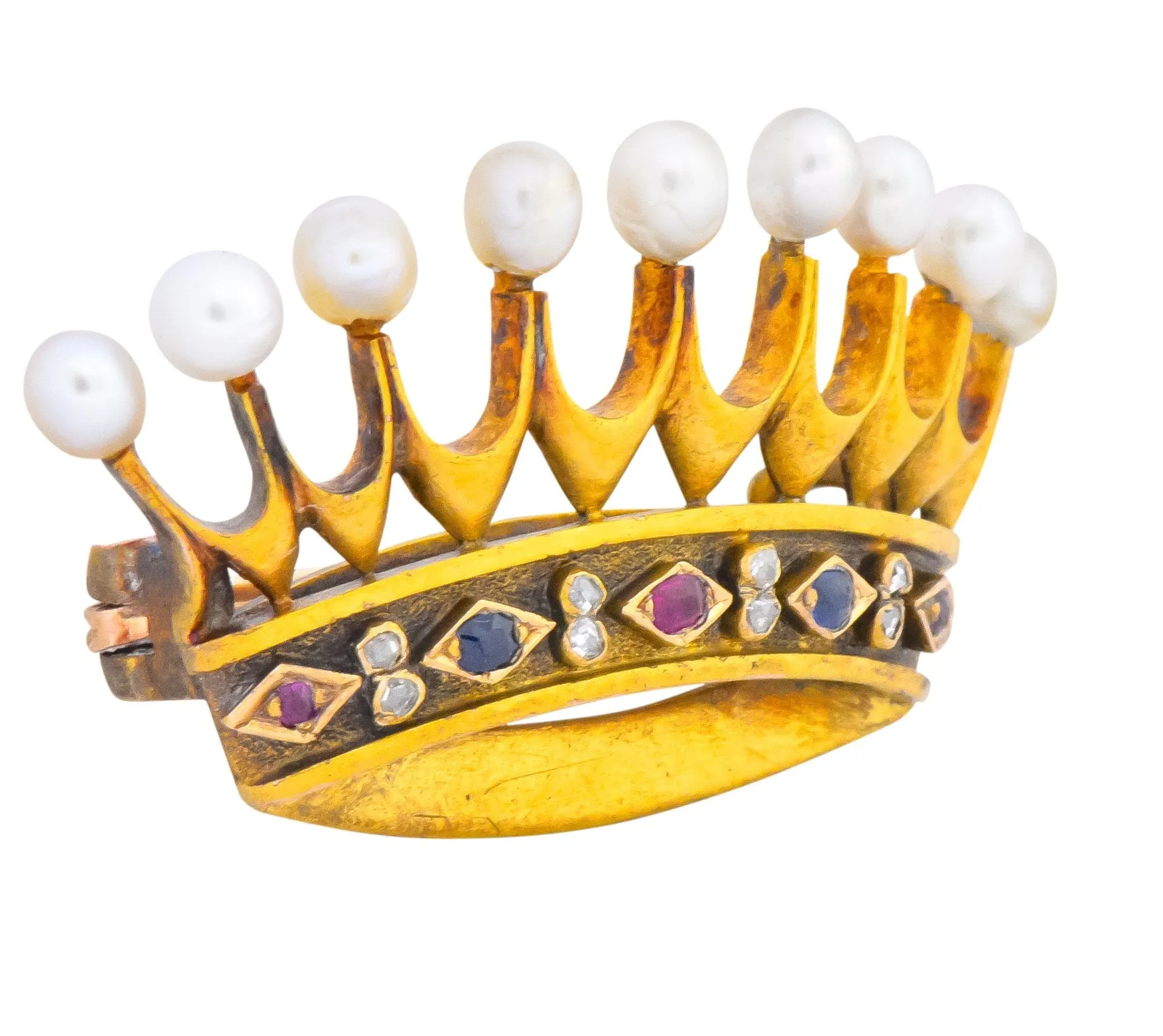 Late Victorian Pearl Sapphire Ruby Diamond 18 Karat Gold Crown Brooch Circa 1890