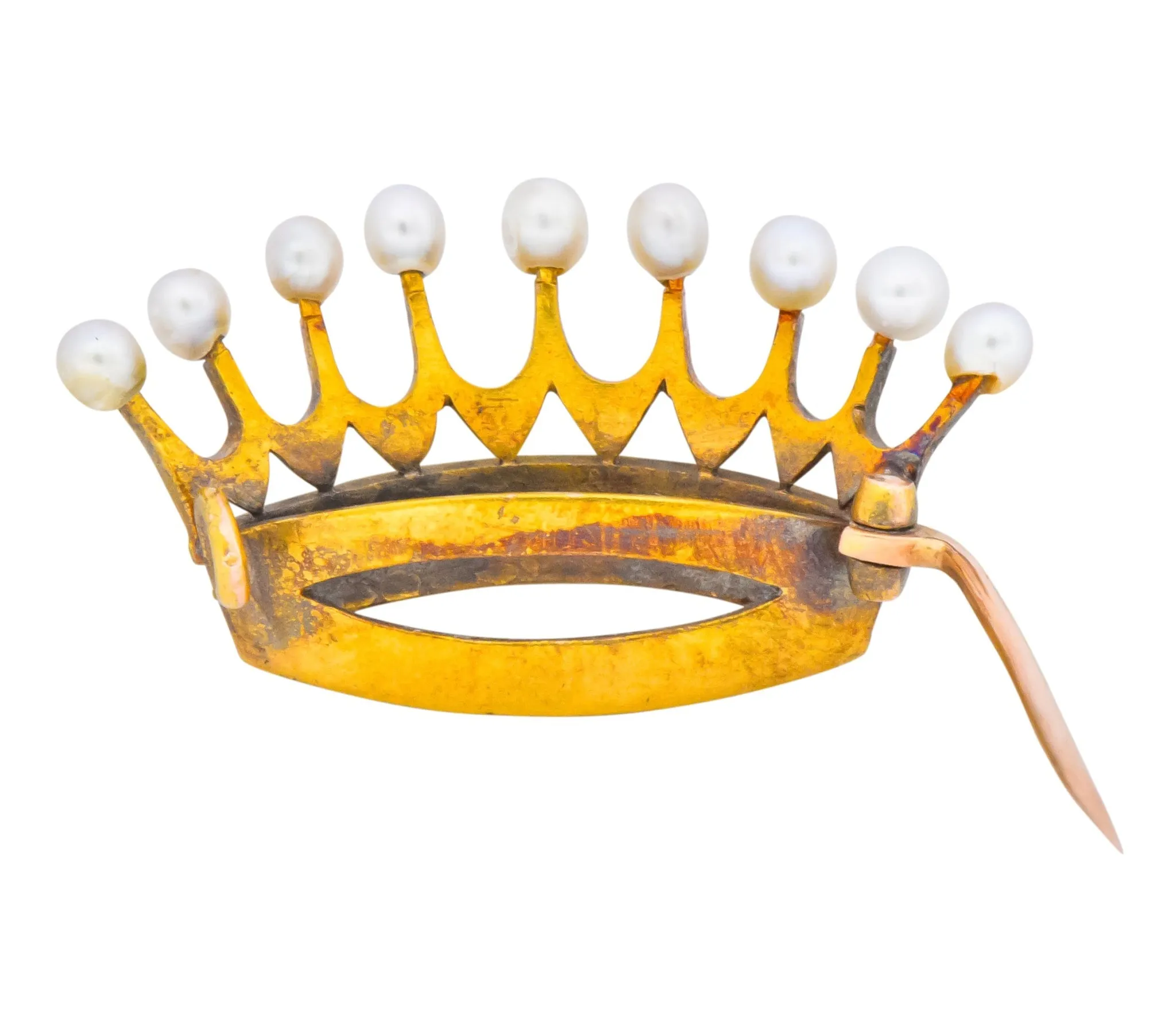 Late Victorian Pearl Sapphire Ruby Diamond 18 Karat Gold Crown Brooch Circa 1890