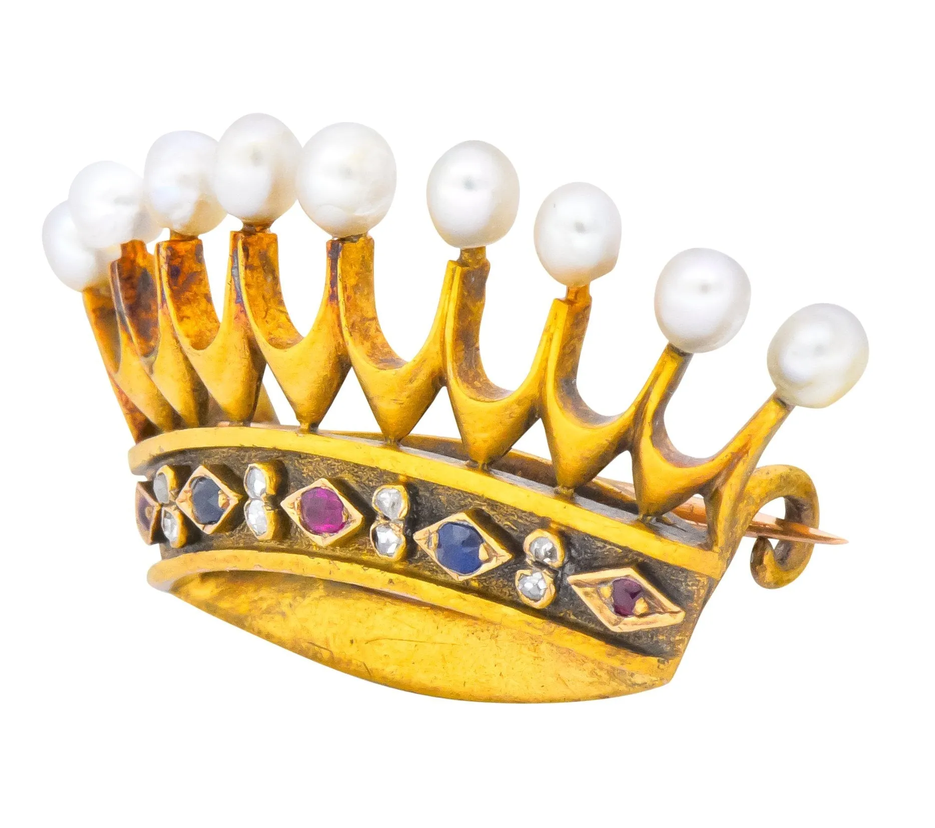 Late Victorian Pearl Sapphire Ruby Diamond 18 Karat Gold Crown Brooch Circa 1890