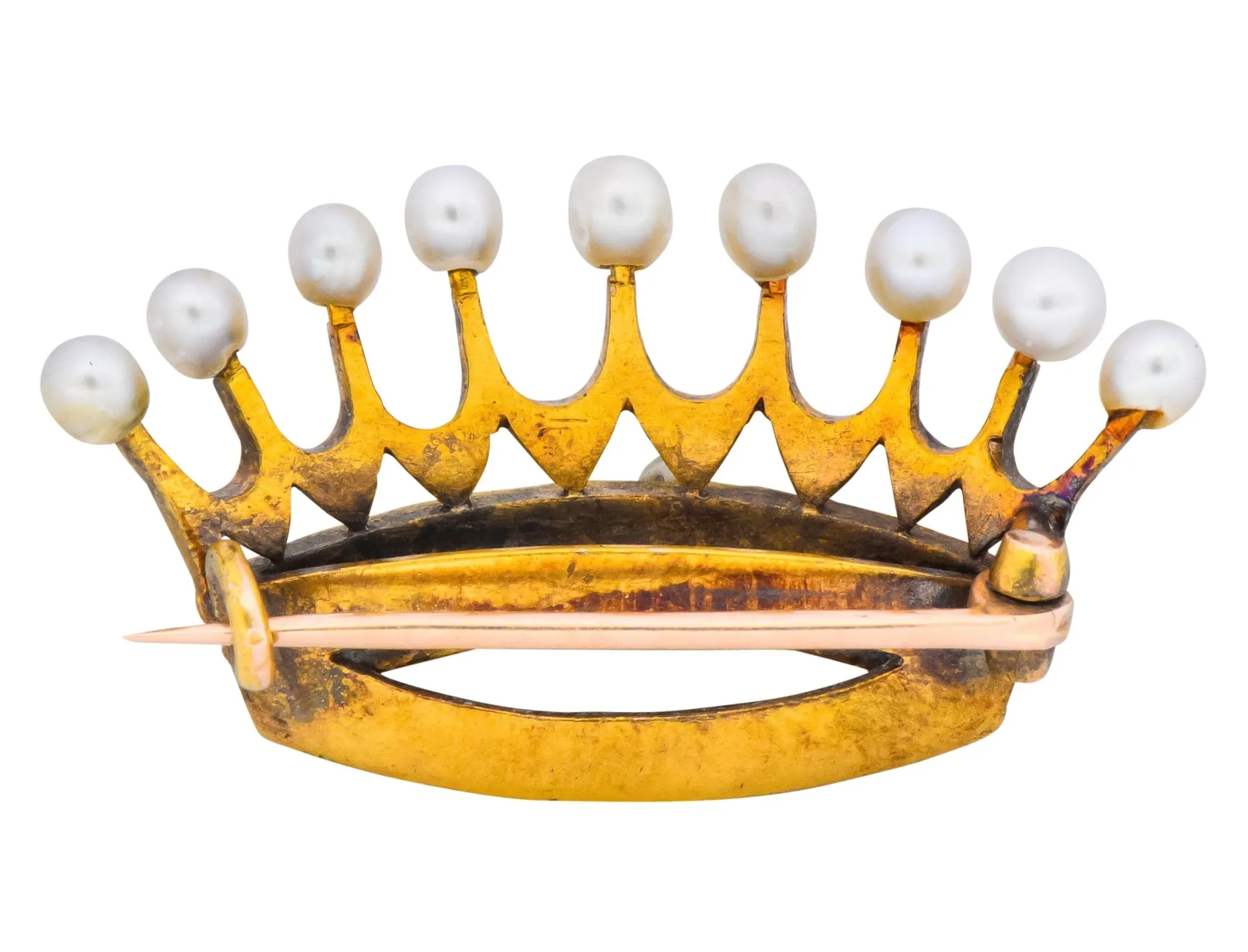 Late Victorian Pearl Sapphire Ruby Diamond 18 Karat Gold Crown Brooch Circa 1890