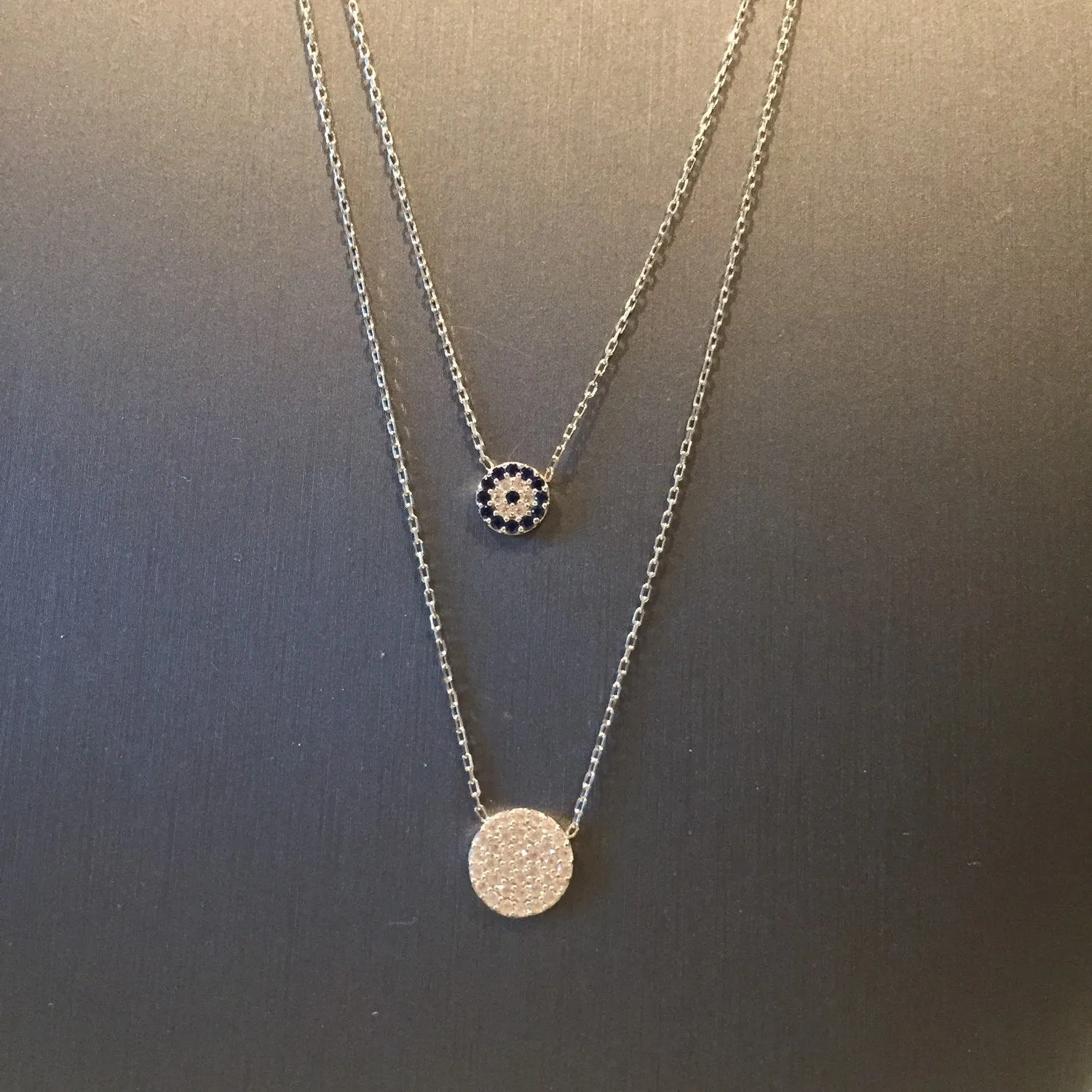 Layered Evil Eye Disc Necklace-Silver