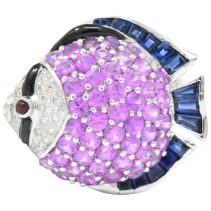 Levian 4.50 CTW Diamond Multi-Gem 18 Karat White Gold Fish Pendant/Brooch