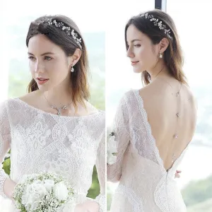 Long Back Drop Crystal Necklace, Bridal Crystal Y-Necklace, Wedding Pearl CZ Diamond Backdrop Necklace
