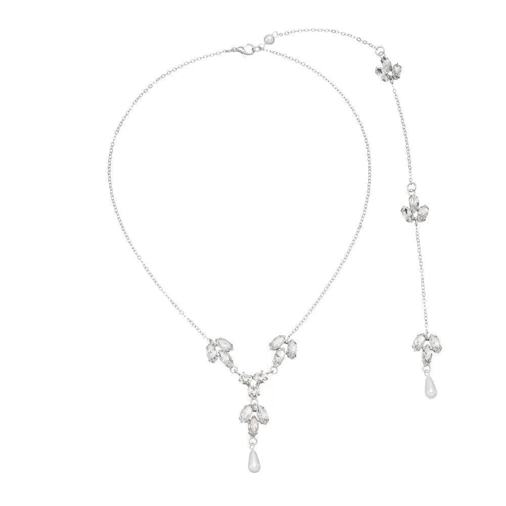 Long Back Drop Crystal Necklace, Bridal Crystal Y-Necklace, Wedding Pearl CZ Diamond Backdrop Necklace