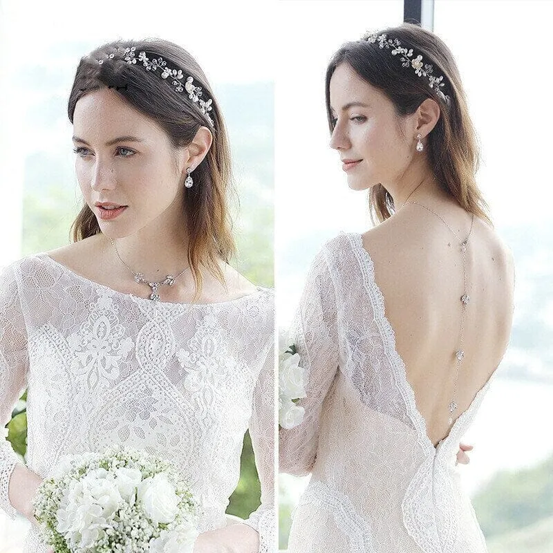 Long Back Drop Crystal Necklace, Bridal Crystal Y-Necklace, Wedding Pearl CZ Diamond Backdrop Necklace