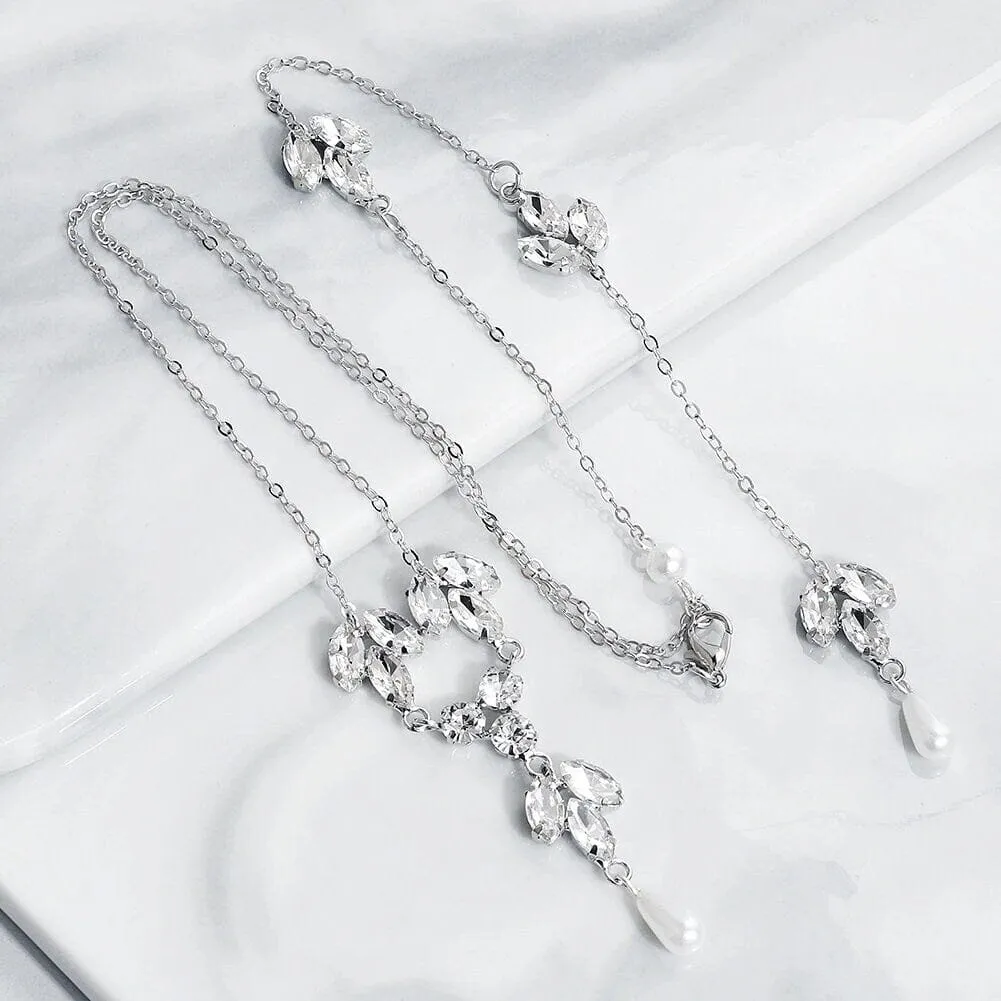 Long Back Drop Crystal Necklace, Bridal Crystal Y-Necklace, Wedding Pearl CZ Diamond Backdrop Necklace