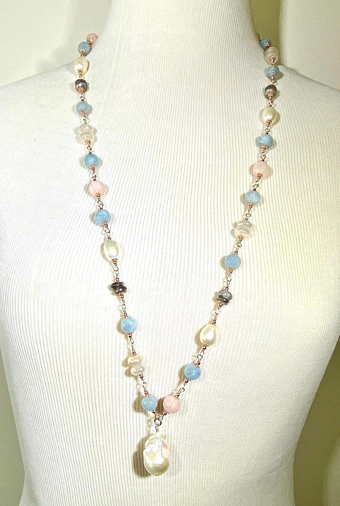 Long Blue Aquamarine Necklace Rose Gold, Pearl Gemstone Sautoir Wire Wrapped