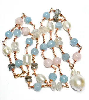 Long Blue Aquamarine Necklace Rose Gold, Pearl Gemstone Sautoir Wire Wrapped