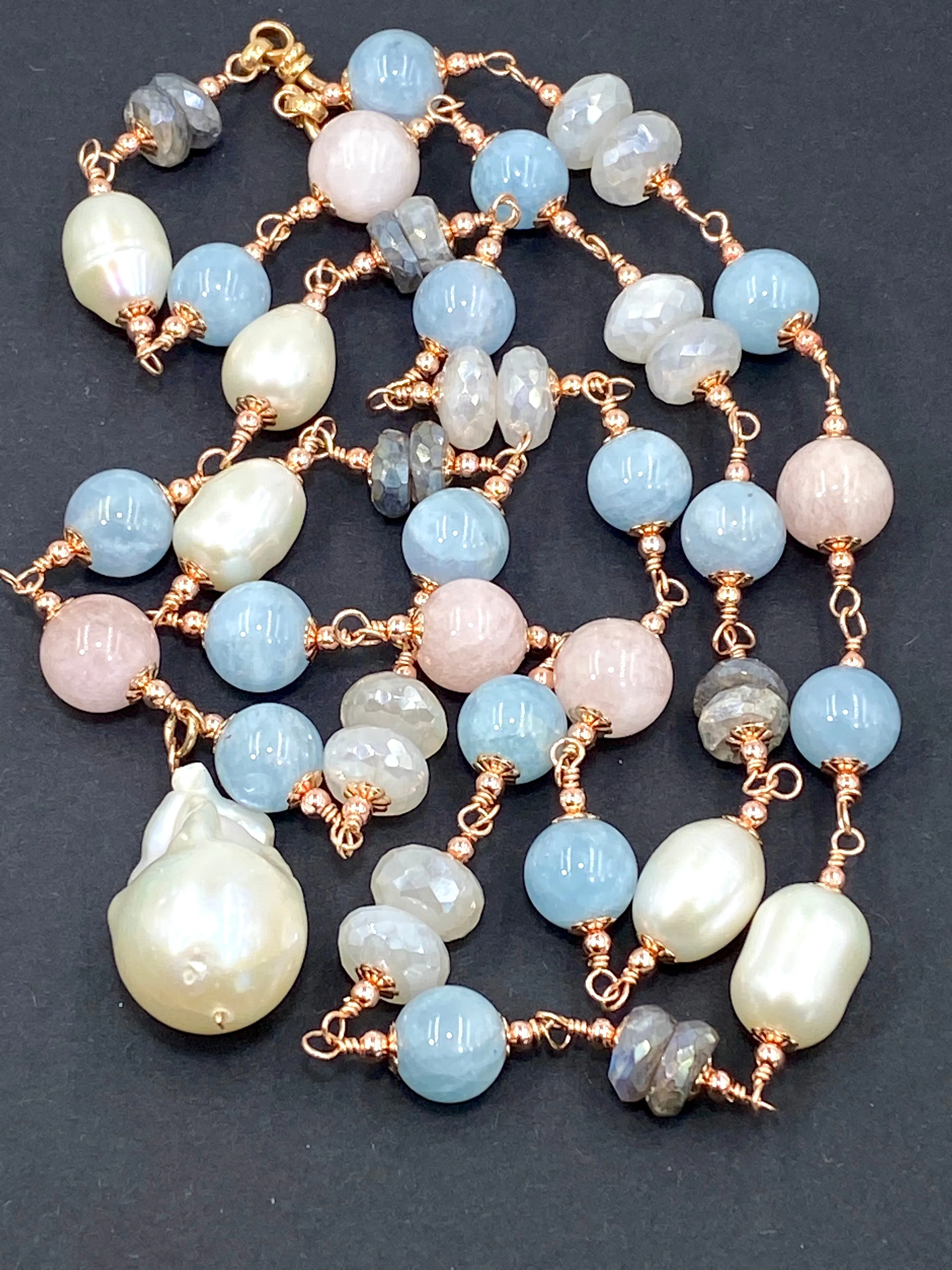 Long Blue Aquamarine Necklace Rose Gold, Pearl Gemstone Sautoir Wire Wrapped