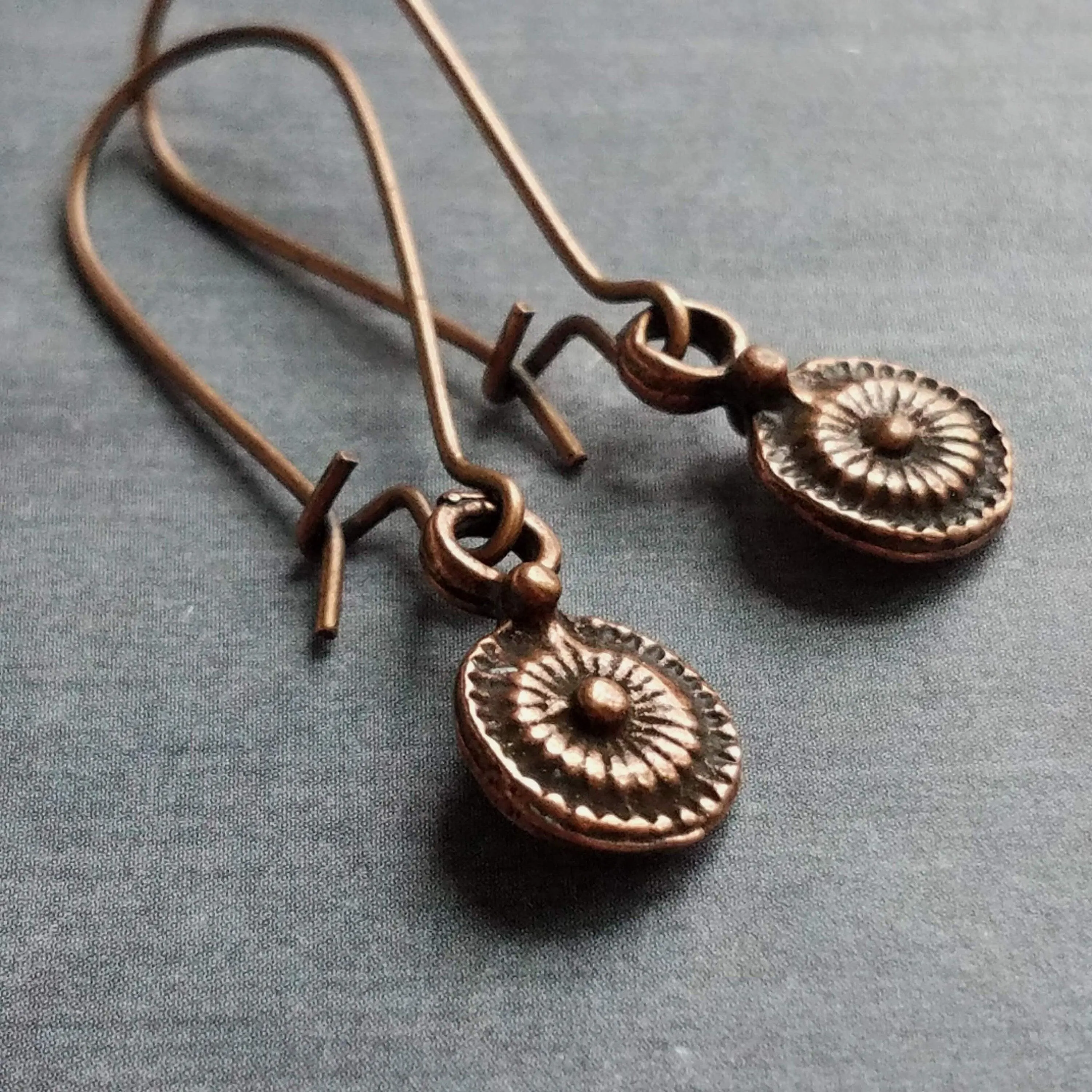 Long Copper Drop Earring, small round earring, antique copper earring, dainty copper earring small copper earring copper disk earring rustic