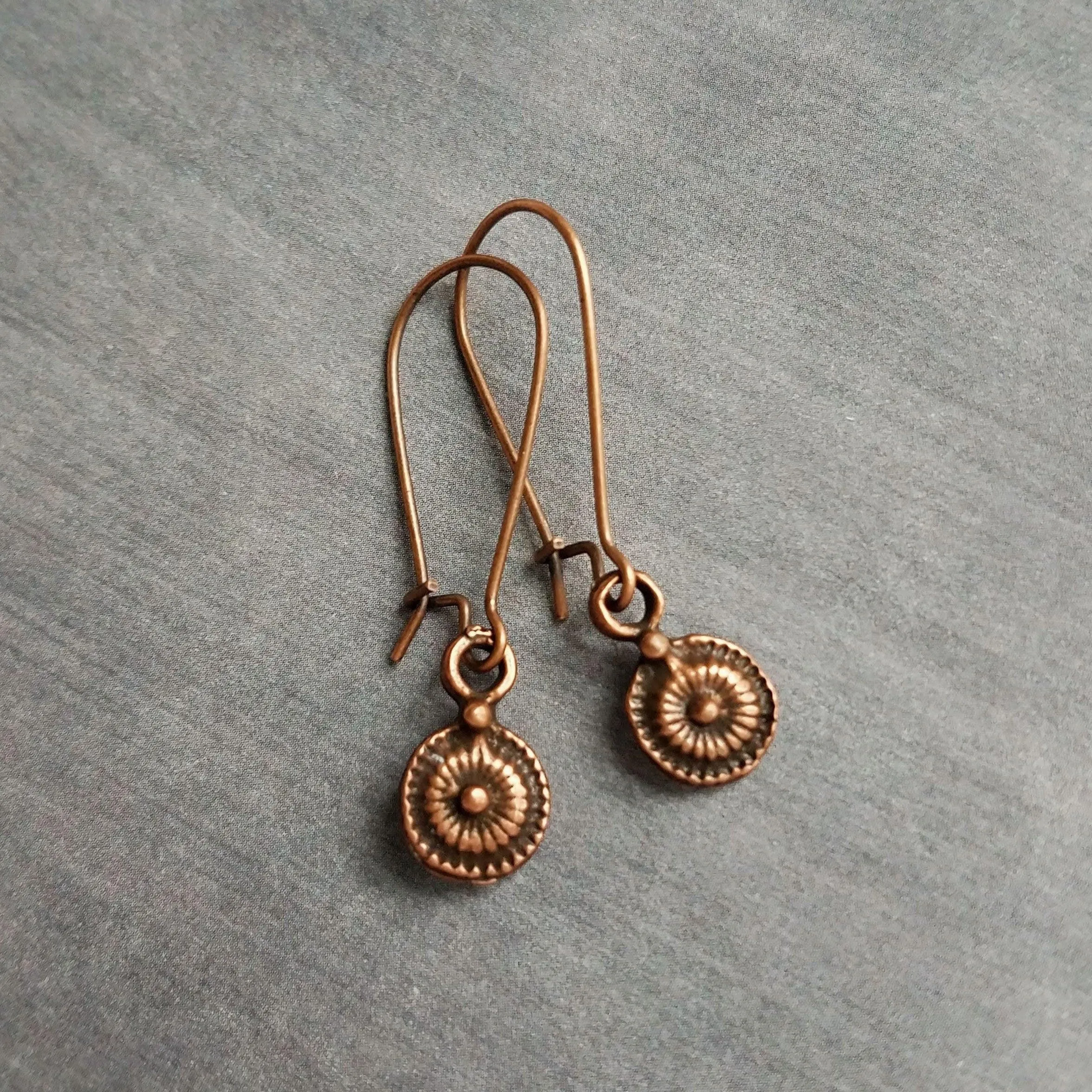 Long Copper Drop Earring, small round earring, antique copper earring, dainty copper earring small copper earring copper disk earring rustic