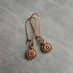 Long Copper Drop Earring, small round earring, antique copper earring, dainty copper earring small copper earring copper disk earring rustic