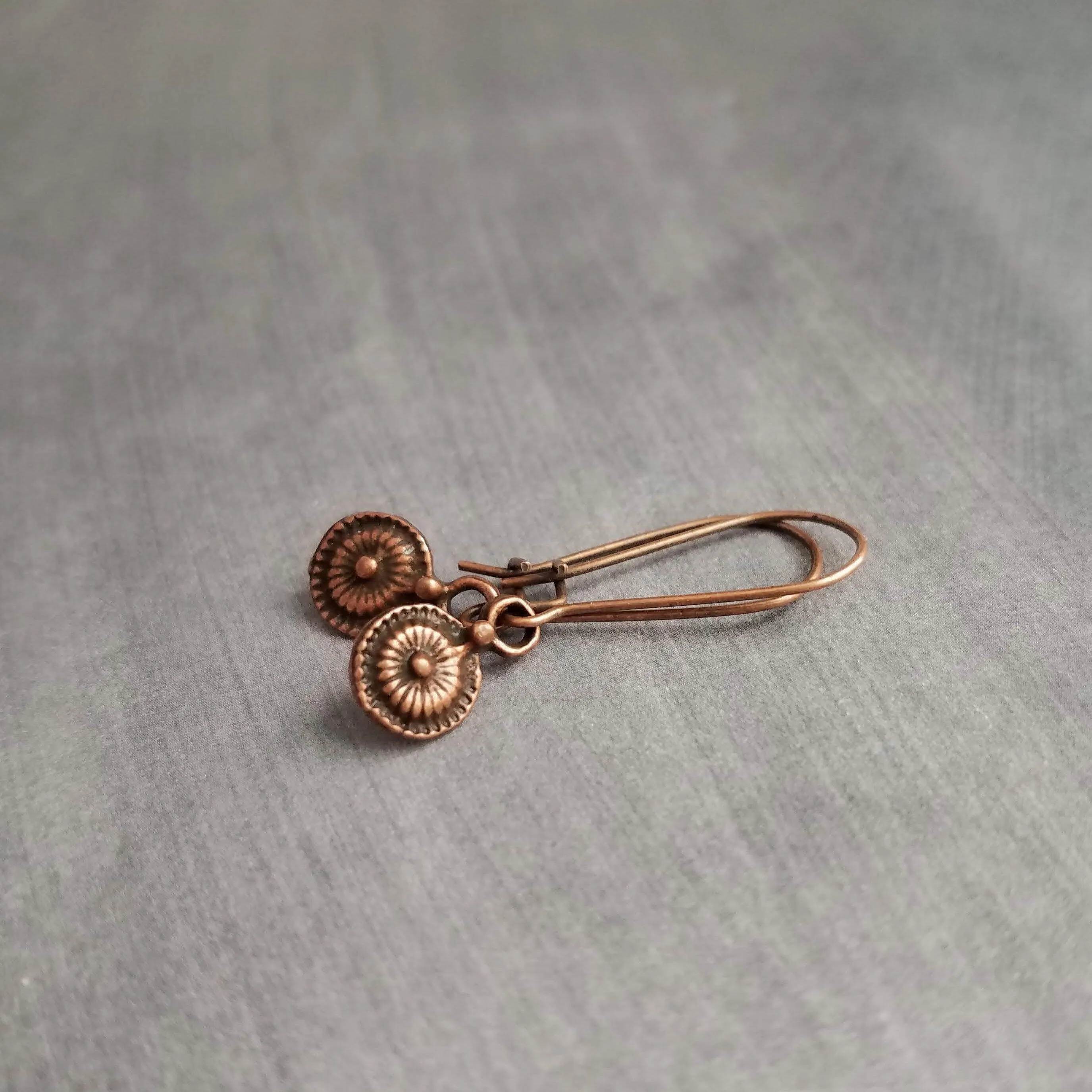 Long Copper Drop Earring, small round earring, antique copper earring, dainty copper earring small copper earring copper disk earring rustic