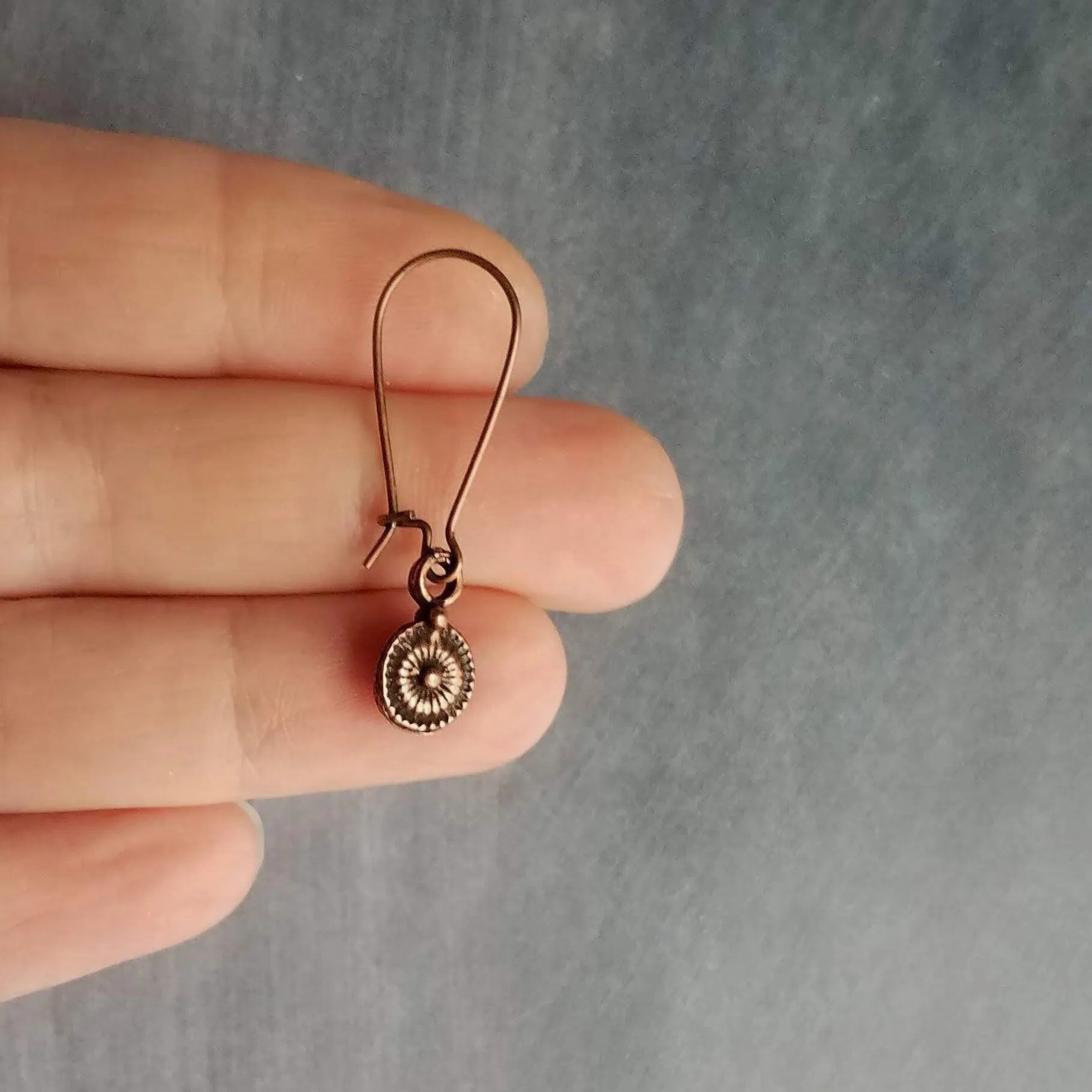 Long Copper Drop Earring, small round earring, antique copper earring, dainty copper earring small copper earring copper disk earring rustic