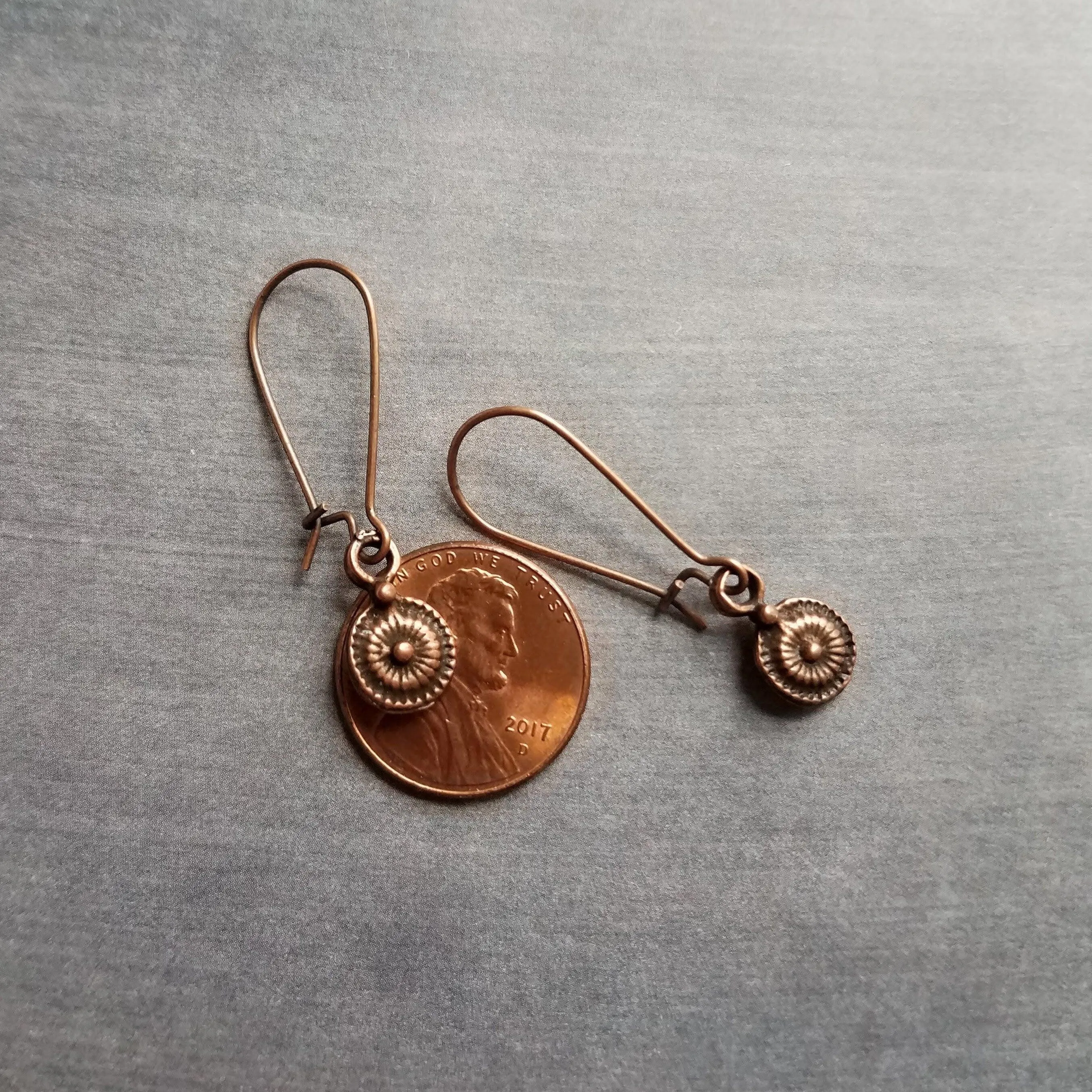 Long Copper Drop Earring, small round earring, antique copper earring, dainty copper earring small copper earring copper disk earring rustic