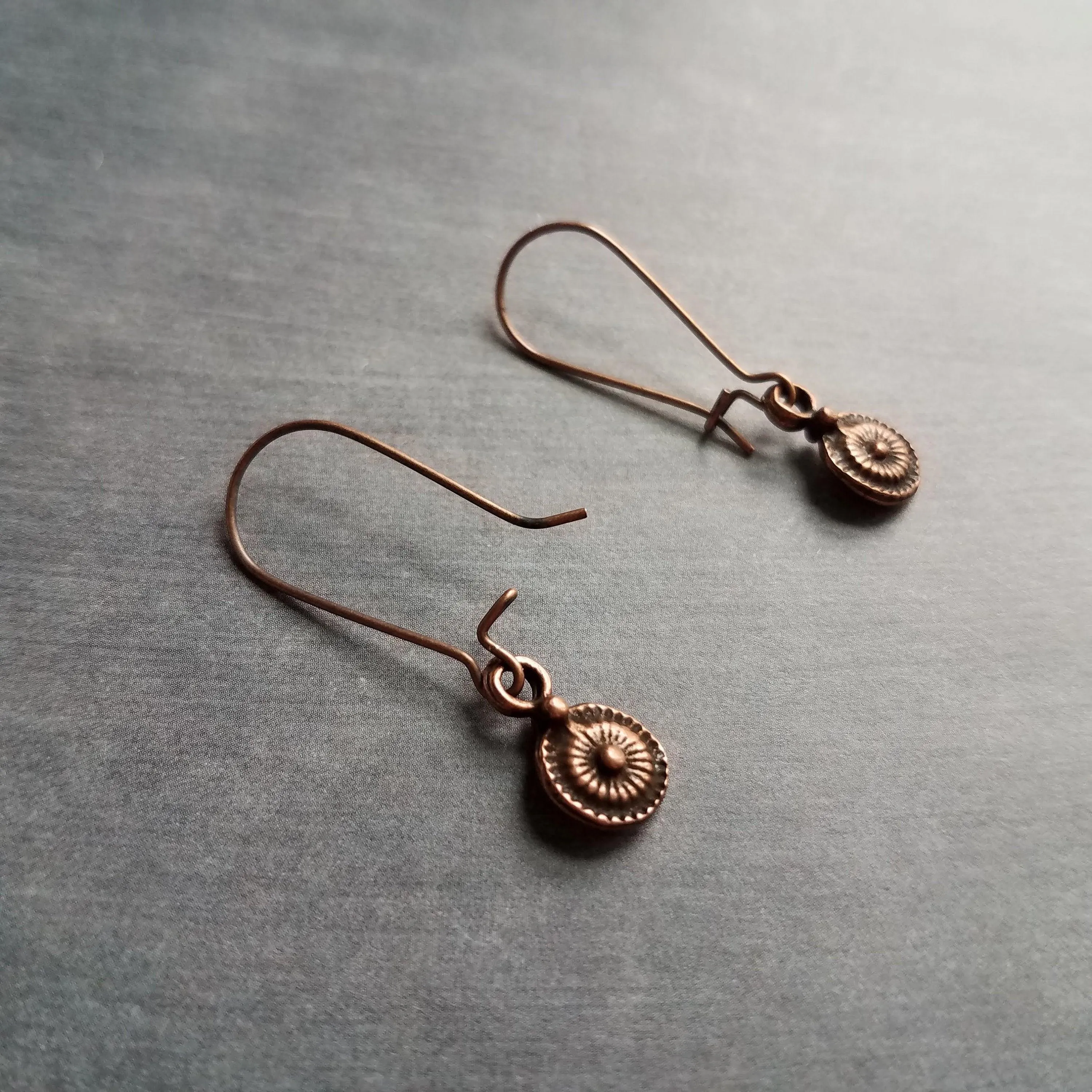 Long Copper Drop Earring, small round earring, antique copper earring, dainty copper earring small copper earring copper disk earring rustic