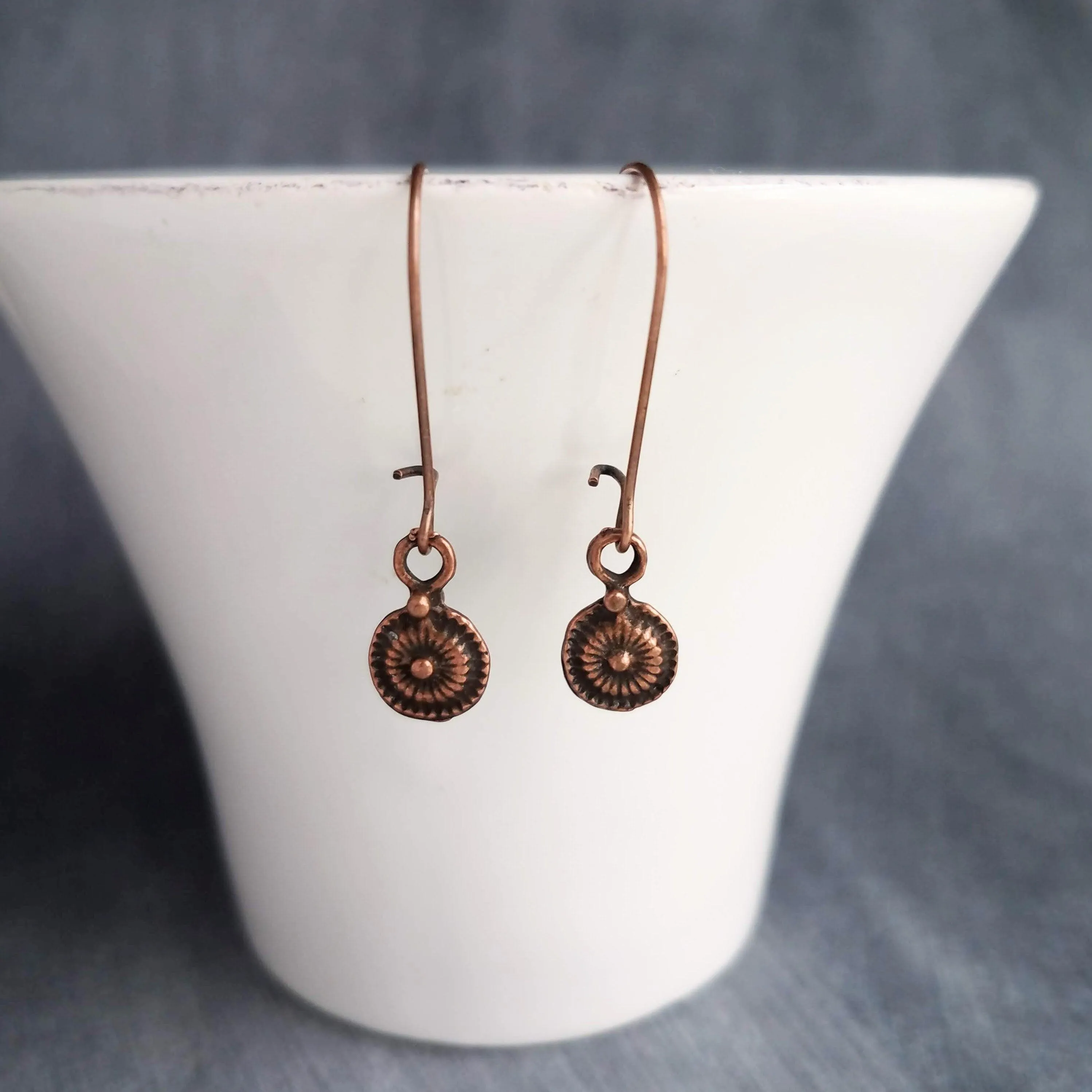Long Copper Drop Earring, small round earring, antique copper earring, dainty copper earring small copper earring copper disk earring rustic