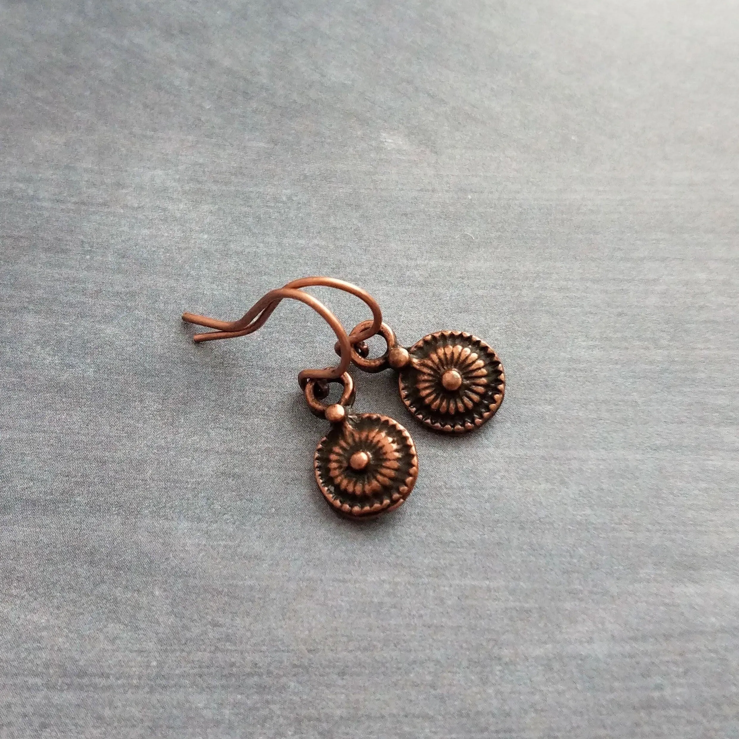 Long Copper Drop Earring, small round earring, antique copper earring, dainty copper earring small copper earring copper disk earring rustic