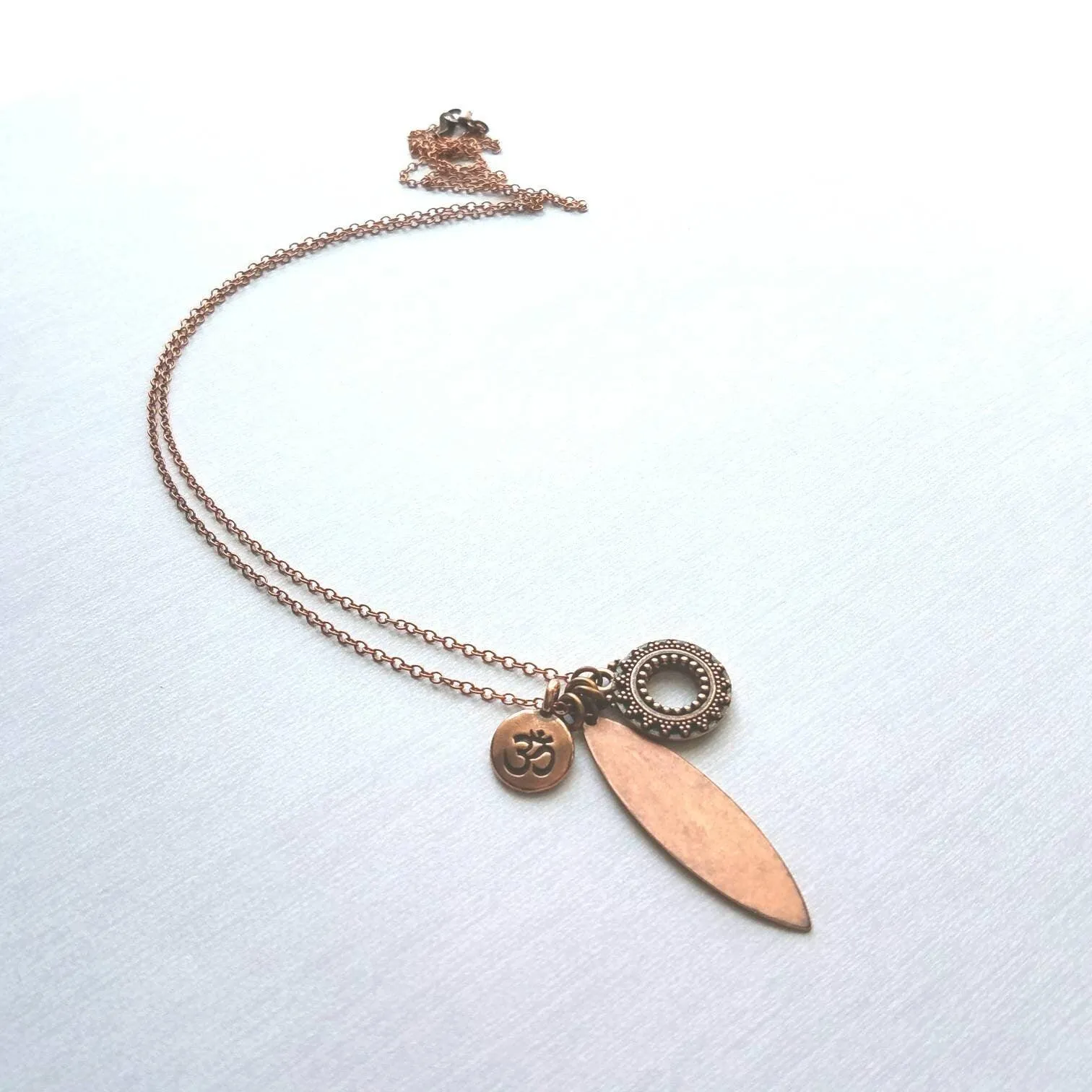 Long Copper Necklace - om mantra mindfulness symbol & vibration body harmony mandala, 30 inch antique copper chain, spiritual yoga jewelry