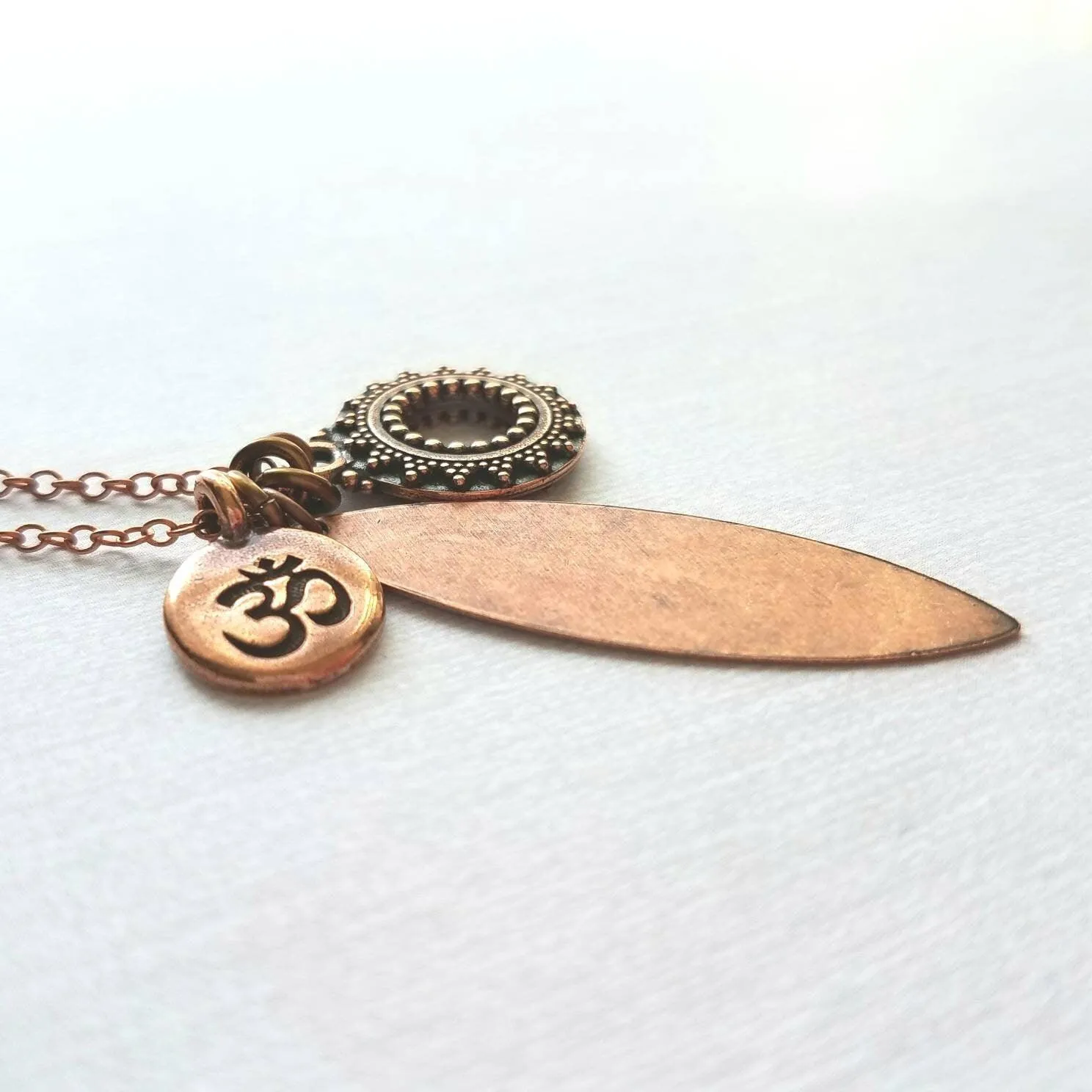 Long Copper Necklace - om mantra mindfulness symbol & vibration body harmony mandala, 30 inch antique copper chain, spiritual yoga jewelry
