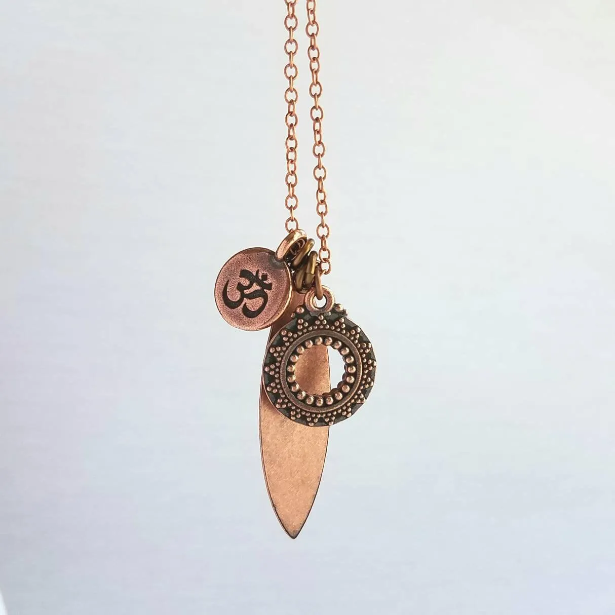 Long Copper Necklace - om mantra mindfulness symbol & vibration body harmony mandala, 30 inch antique copper chain, spiritual yoga jewelry