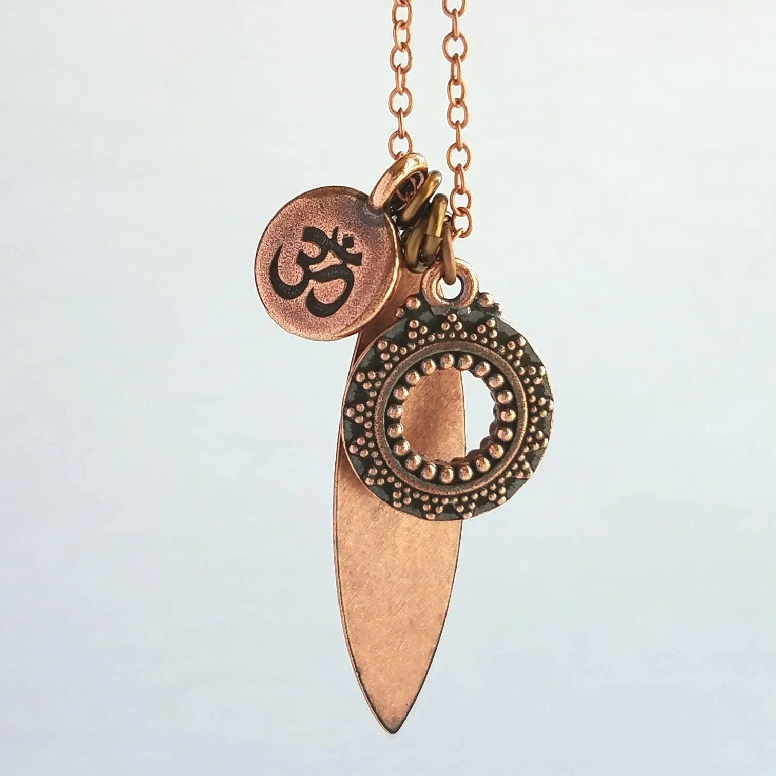 Long Copper Necklace - om mantra mindfulness symbol & vibration body harmony mandala, 30 inch antique copper chain, spiritual yoga jewelry