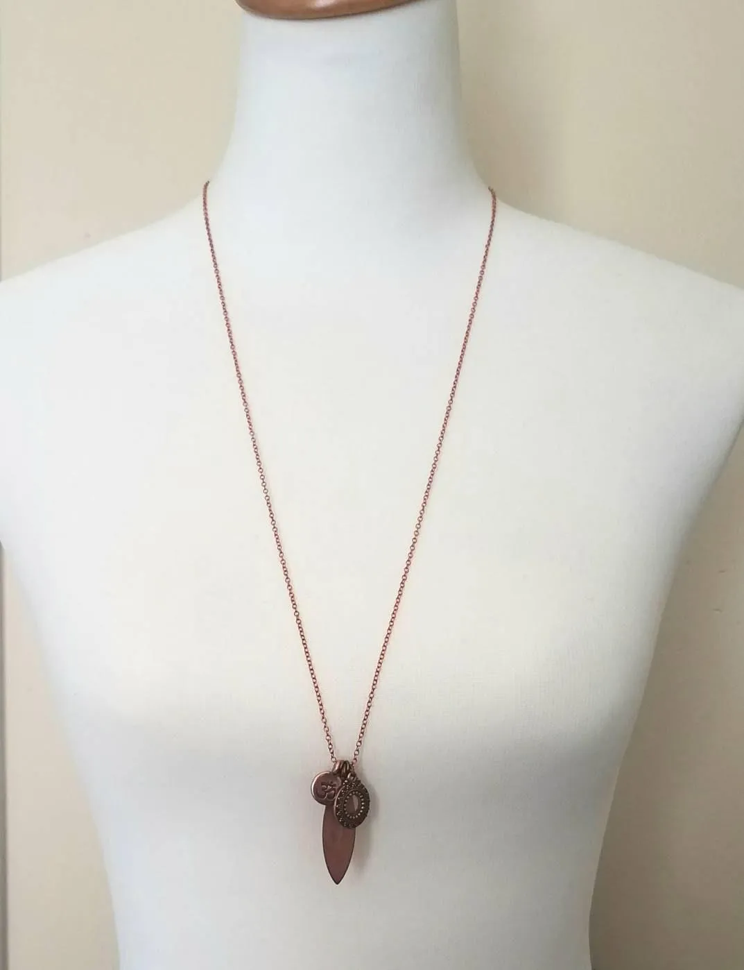 Long Copper Necklace - om mantra mindfulness symbol & vibration body harmony mandala, 30 inch antique copper chain, spiritual yoga jewelry