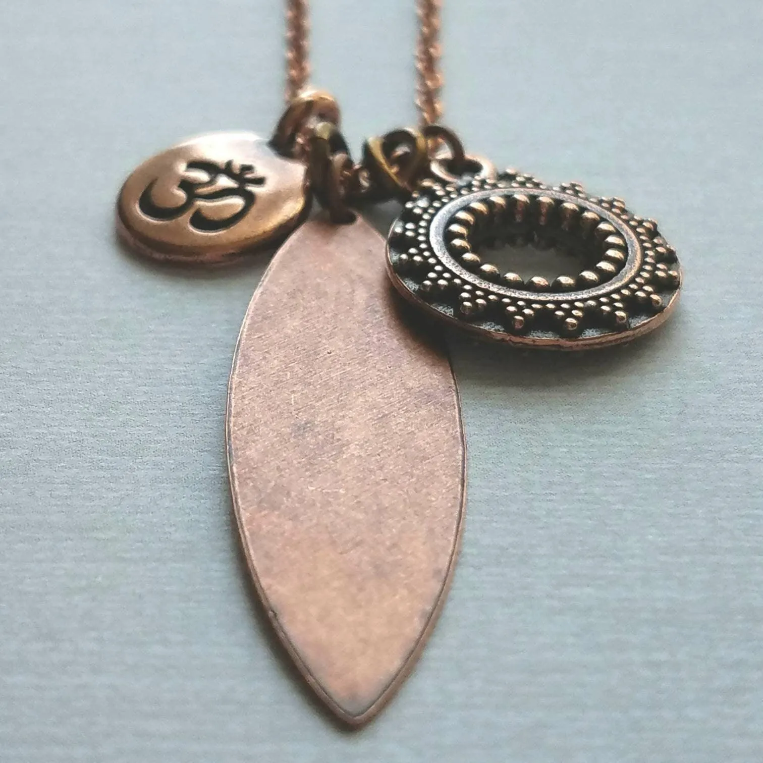 Long Copper Necklace - om mantra mindfulness symbol & vibration body harmony mandala, 30 inch antique copper chain, spiritual yoga jewelry