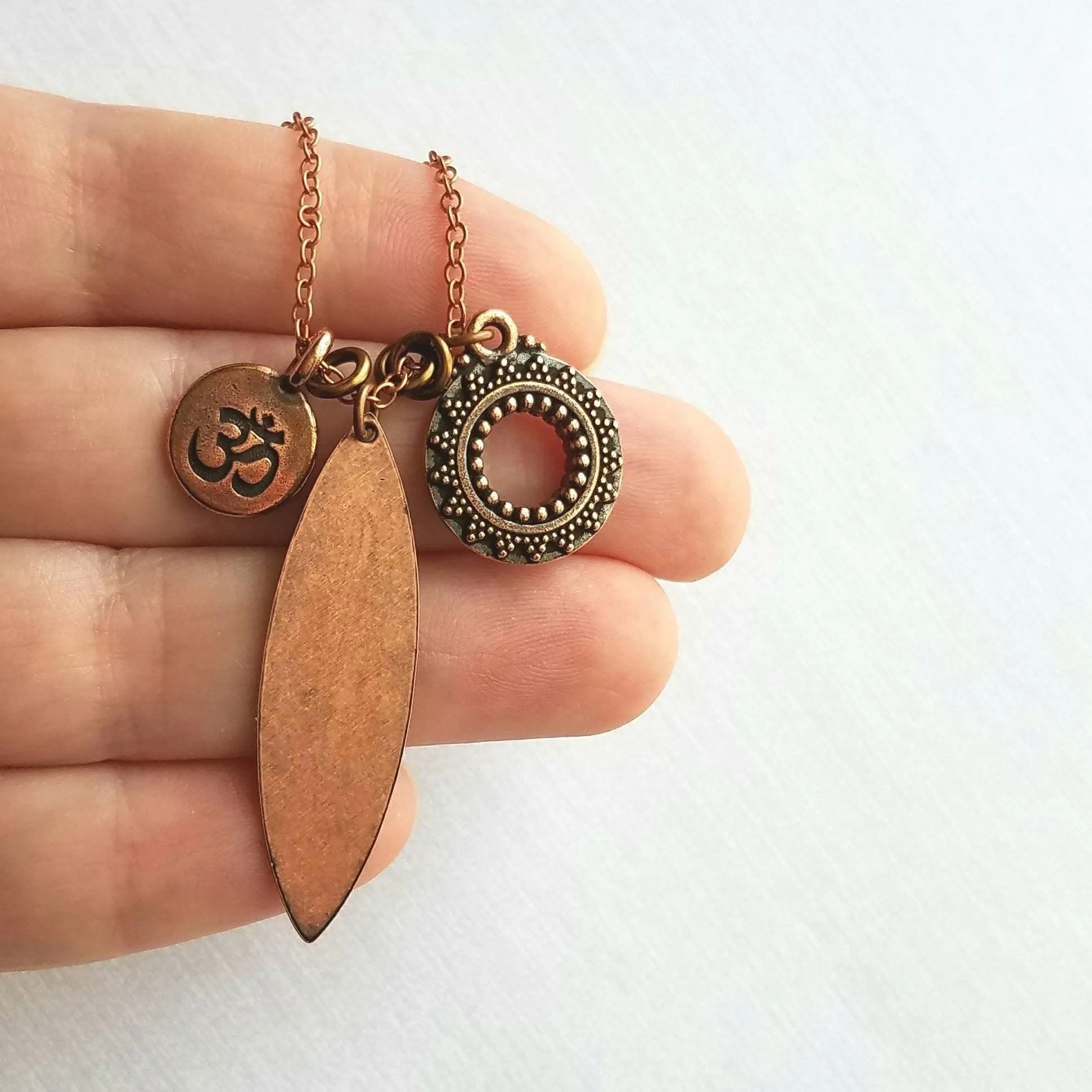 Long Copper Necklace - om mantra mindfulness symbol & vibration body harmony mandala, 30 inch antique copper chain, spiritual yoga jewelry