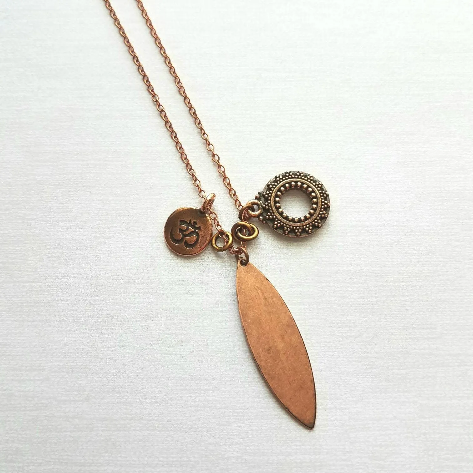 Long Copper Necklace - om mantra mindfulness symbol & vibration body harmony mandala, 30 inch antique copper chain, spiritual yoga jewelry